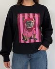 Civico23 - Felpa nera con bulldog e riga fuxia