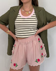 Haveone - Short con ricamo fiori rosa
