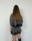 Haveone - Camicia gessata crop con pizzo