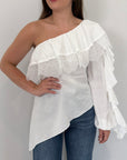 Haveone - Maglia monospalla con pizzo bianca