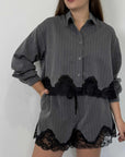 Haveone - Camicia gessata crop con pizzo