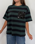 SusyMix - Maglia righe verde nera con tasca paillettes