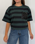 SusyMix - Maglia righe verde nera con tasca paillettes