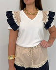 SusyMix - T-shirt con balze in cotone blu
