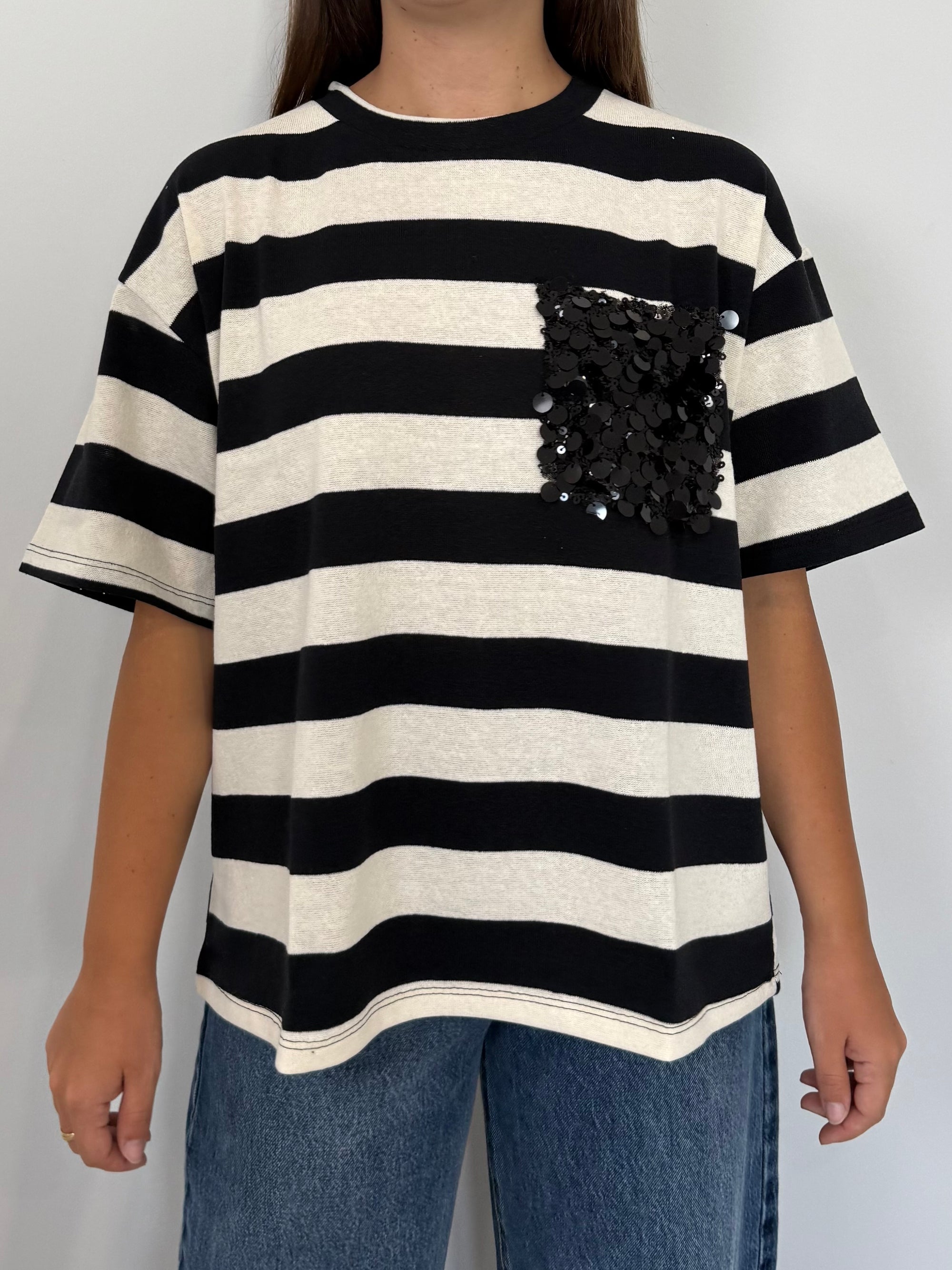 SusyMix - Maglia righe bianca nera con tasca paillettes