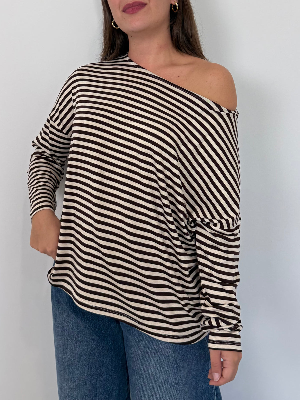 SusyMix - Maglia scatola scollo barca righe moro