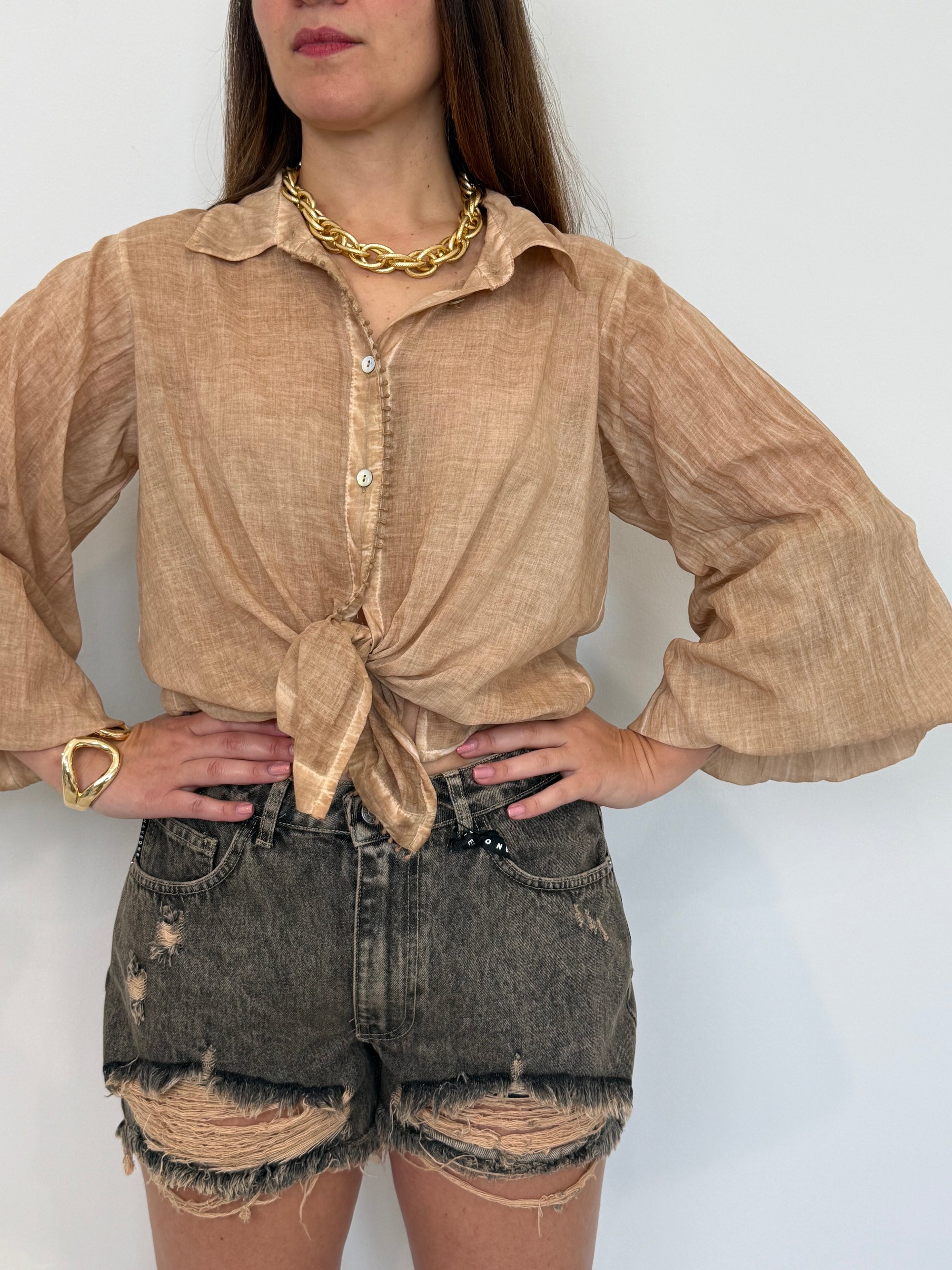 Haveone - Camicia in mussola con trina nocciola