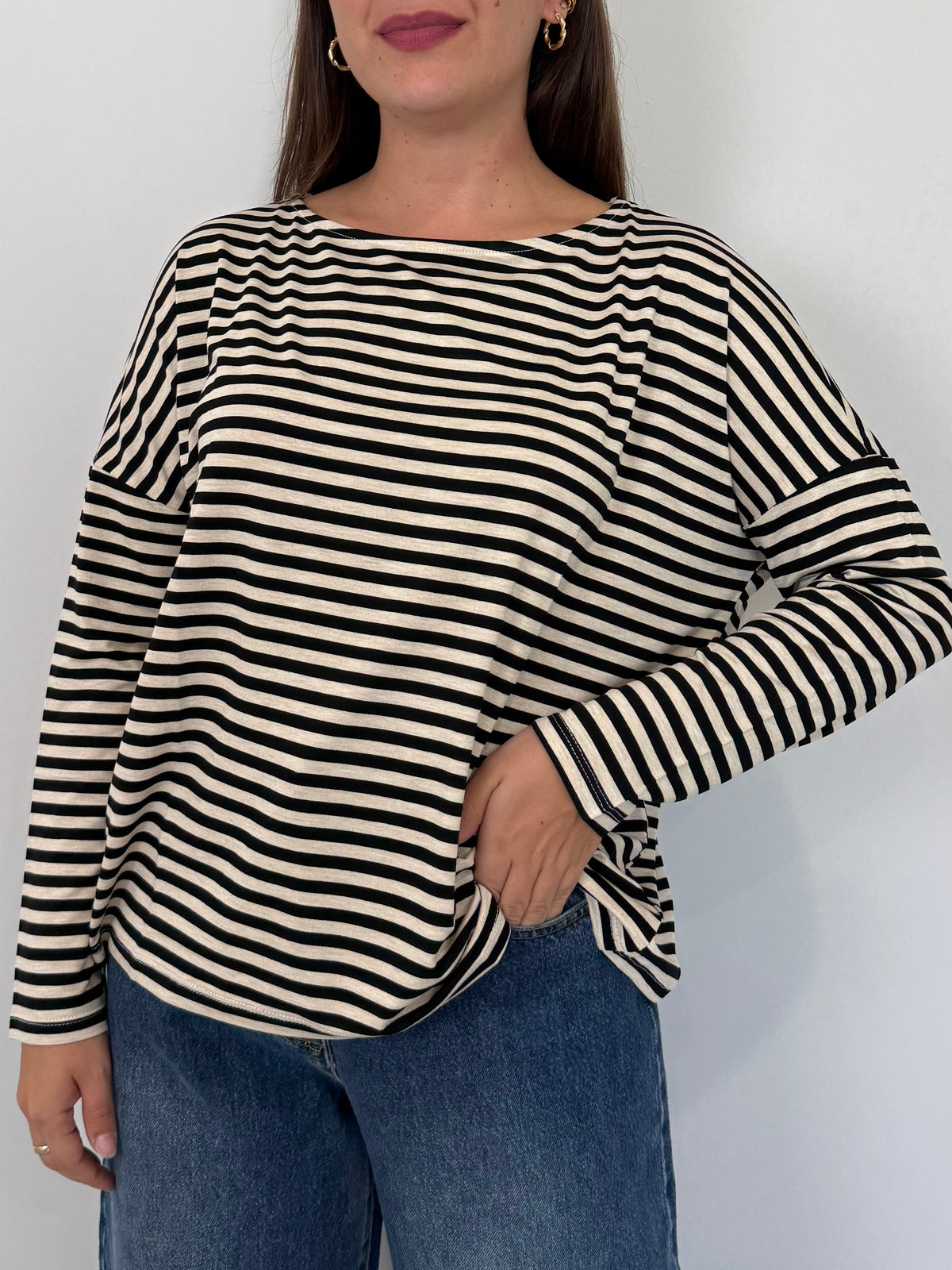 SusyMix - Maglia scatola scollo barca righe nera