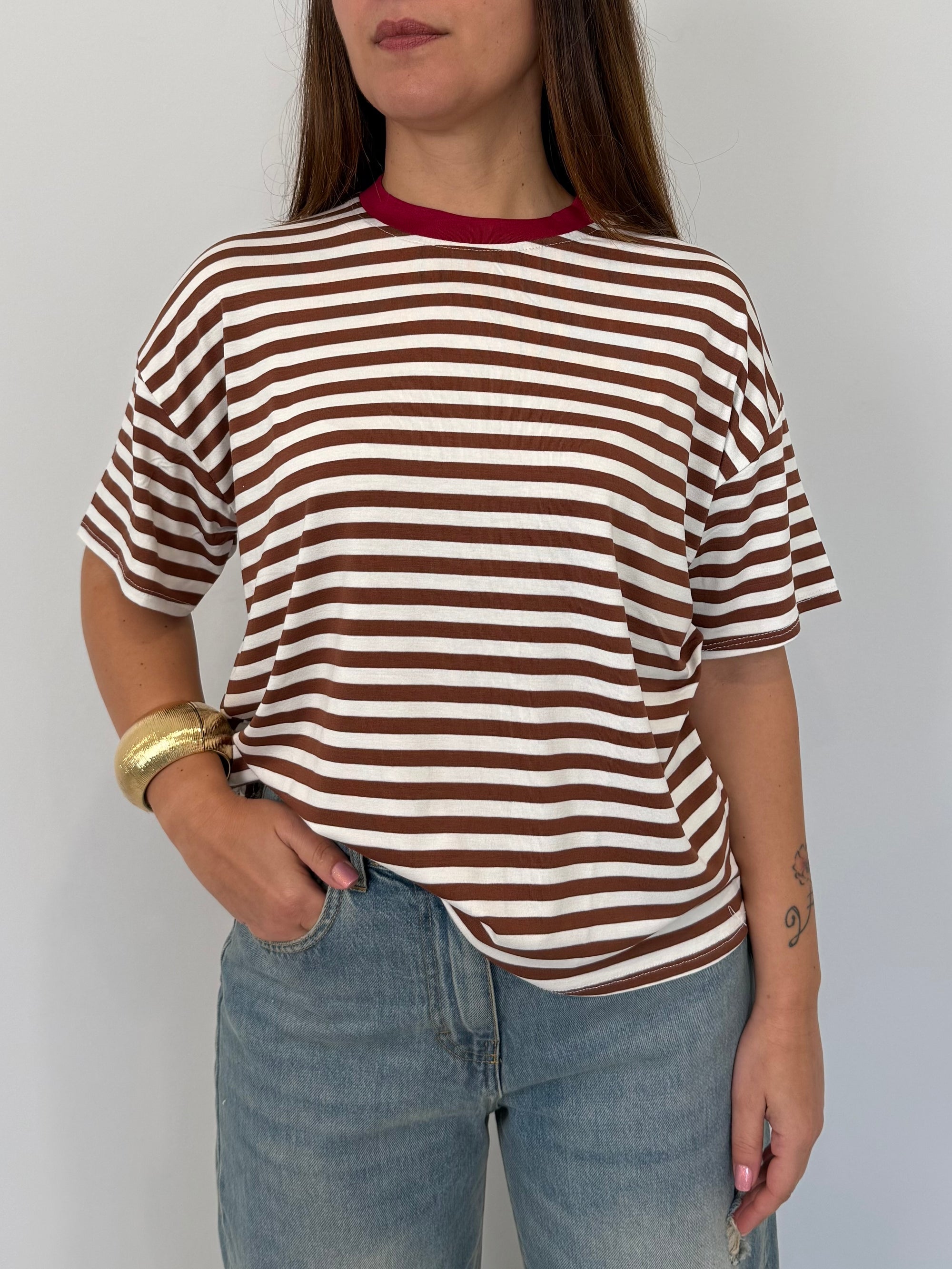 Haveone - Maglia riga moro contrasto bordeaux