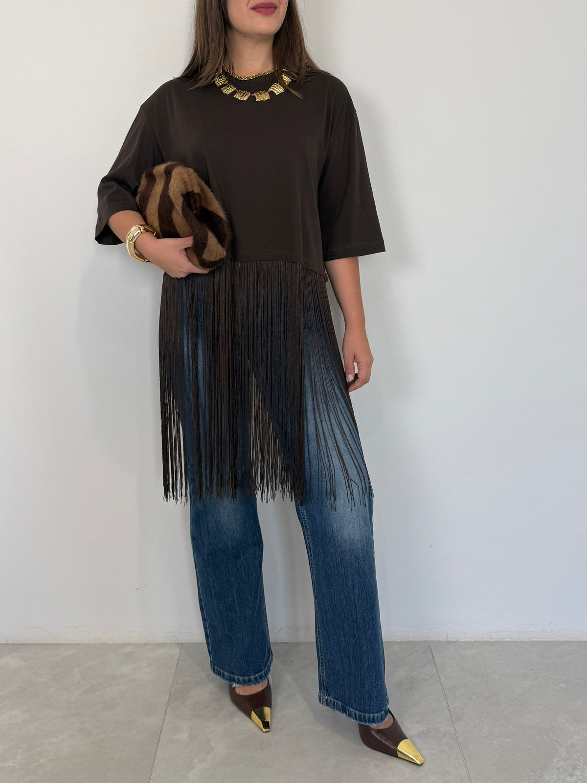 Haveone - Maglia con frange moro