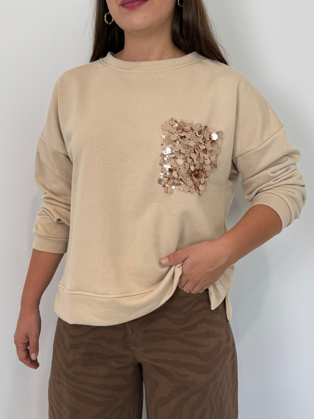 SusyMix - Felpa con tasca paillettes beige