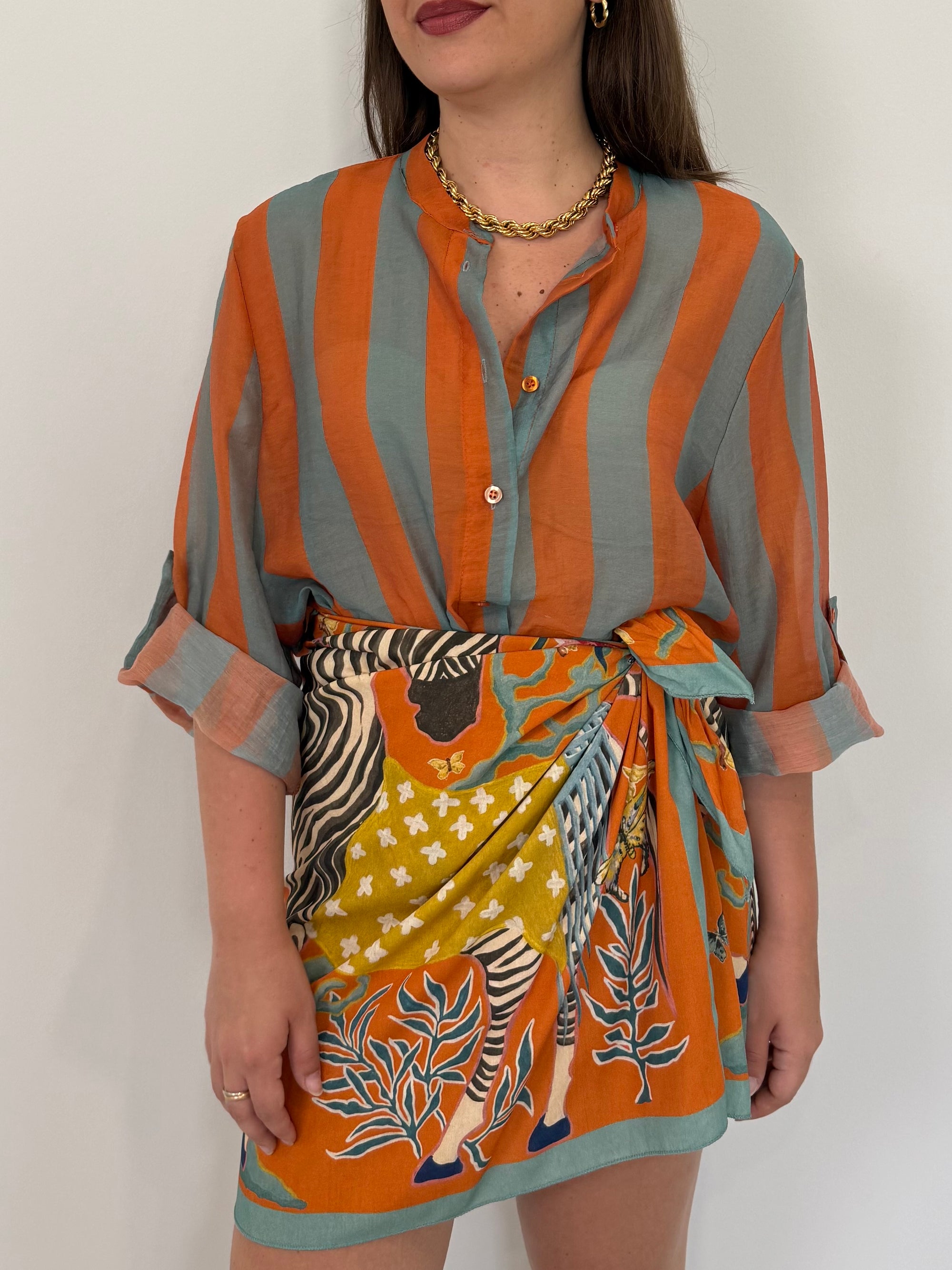 Haveone - Camicia righe larghe arancio/celeste