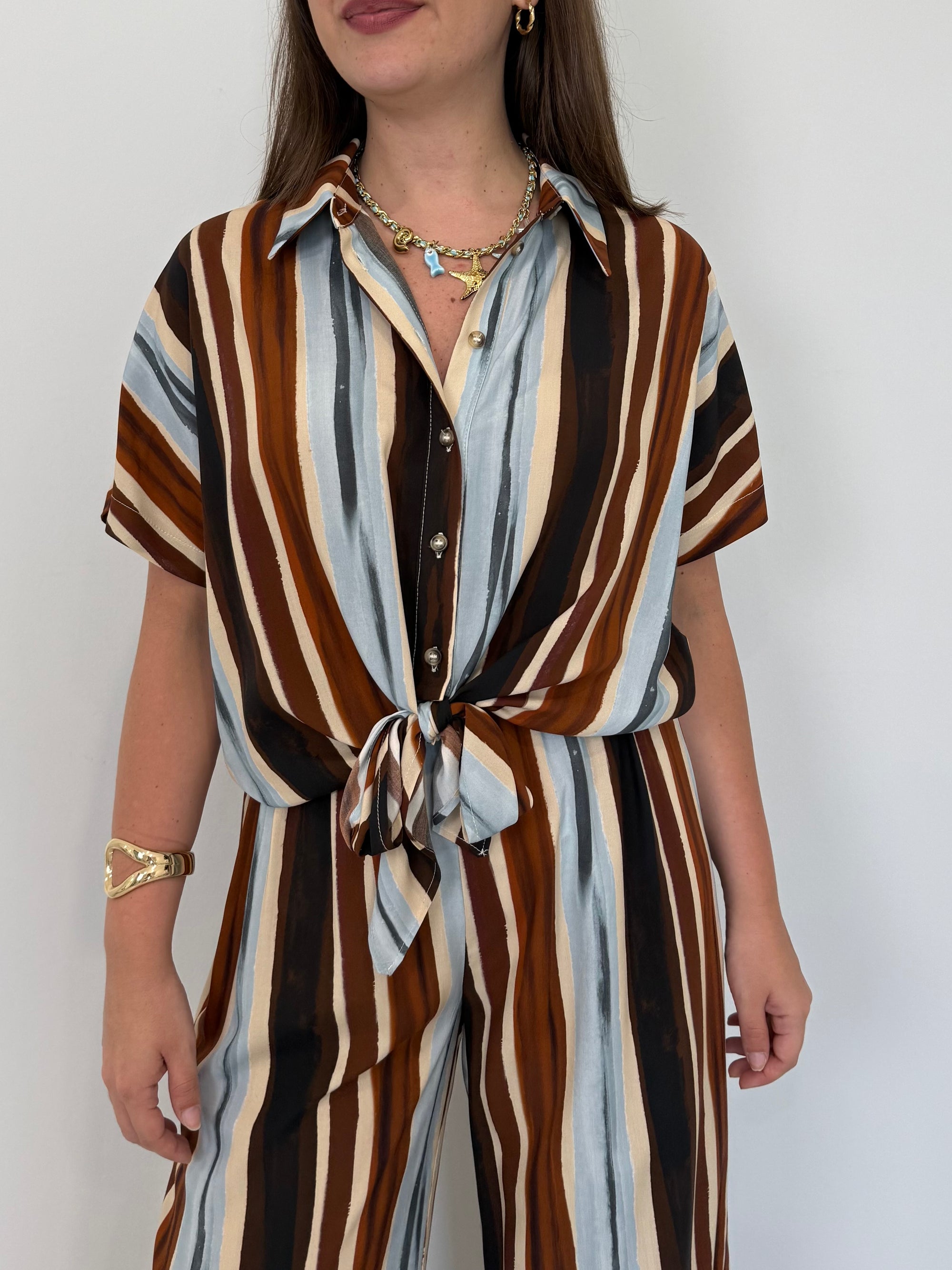 Haveone - Camicia in viscosa con righe azzurre