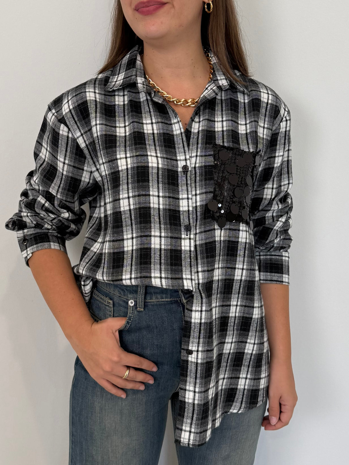 SusyMix - Camicia check nera con tasca paillettes