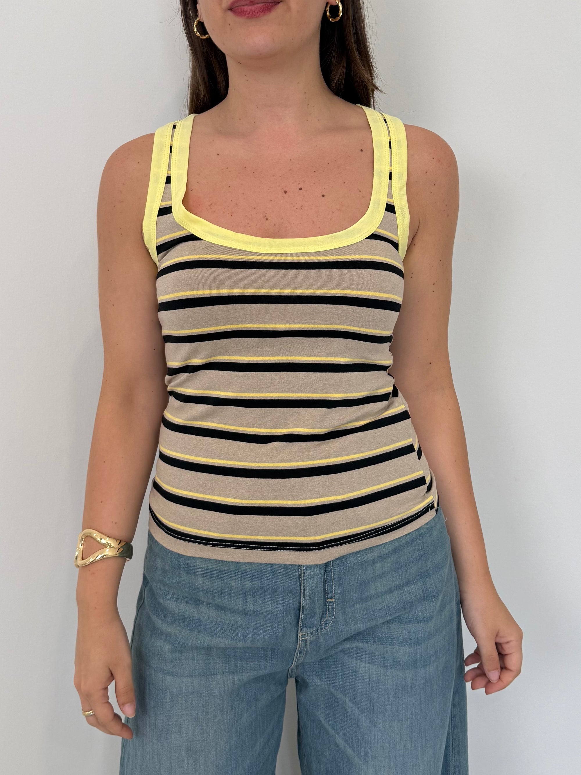 Haveone - Canotta righe tortora contrasto giallo