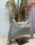 Civico23- Tracolla vera pelle con frange beige