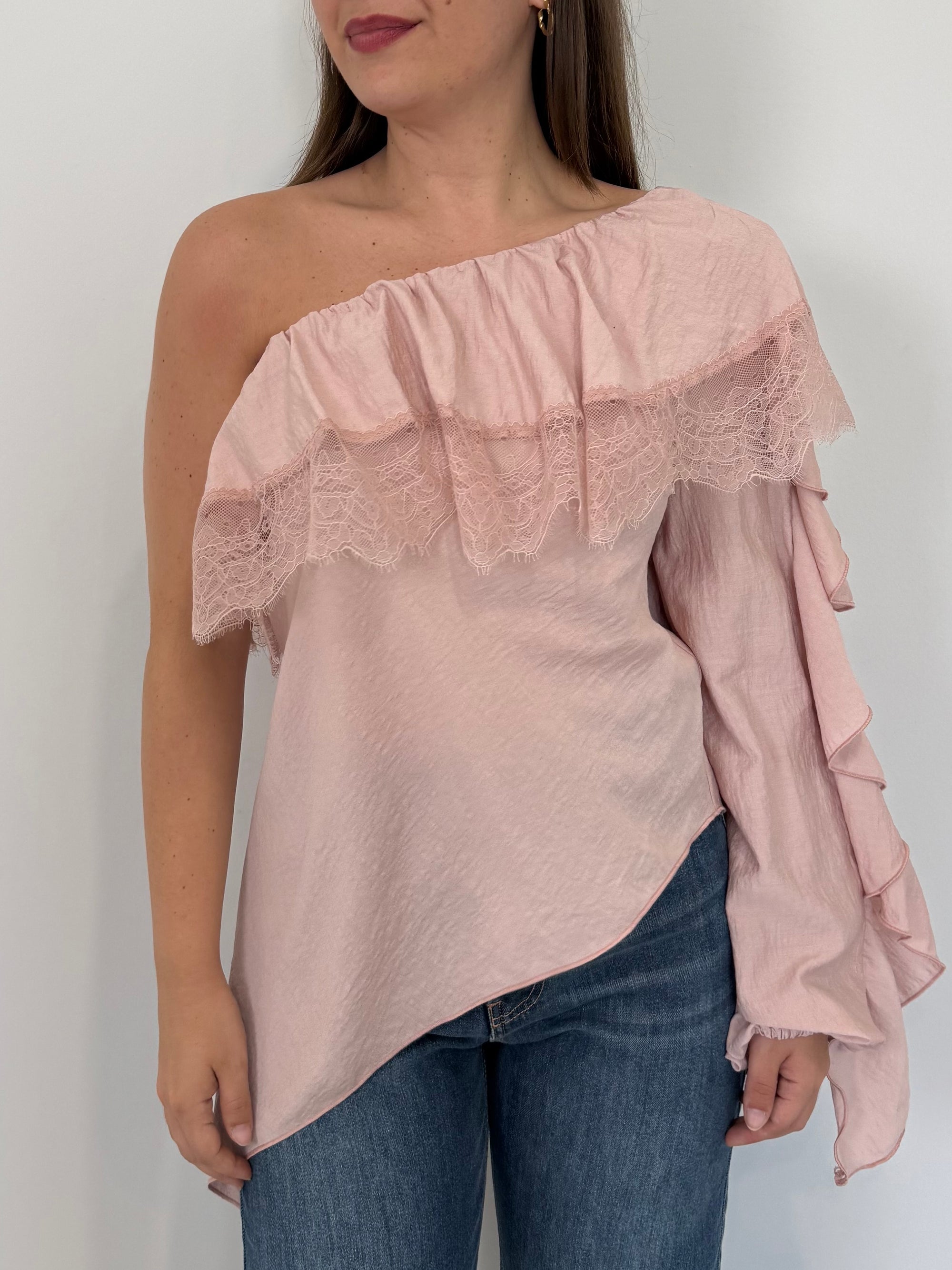 Haveone - Maglia monospalla con pizzo rosa