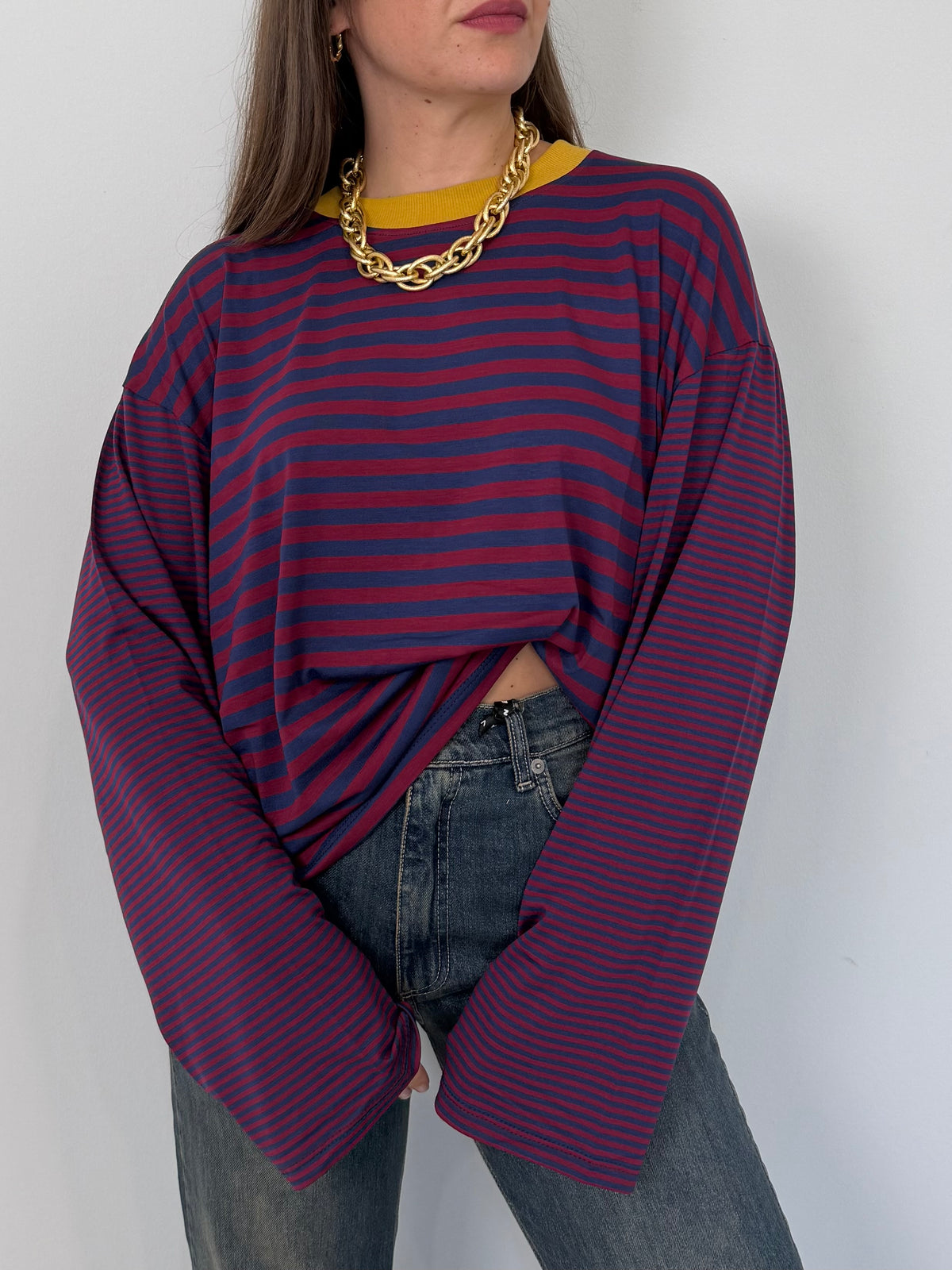 Haveone - Maglia over scatola blu collo senape
