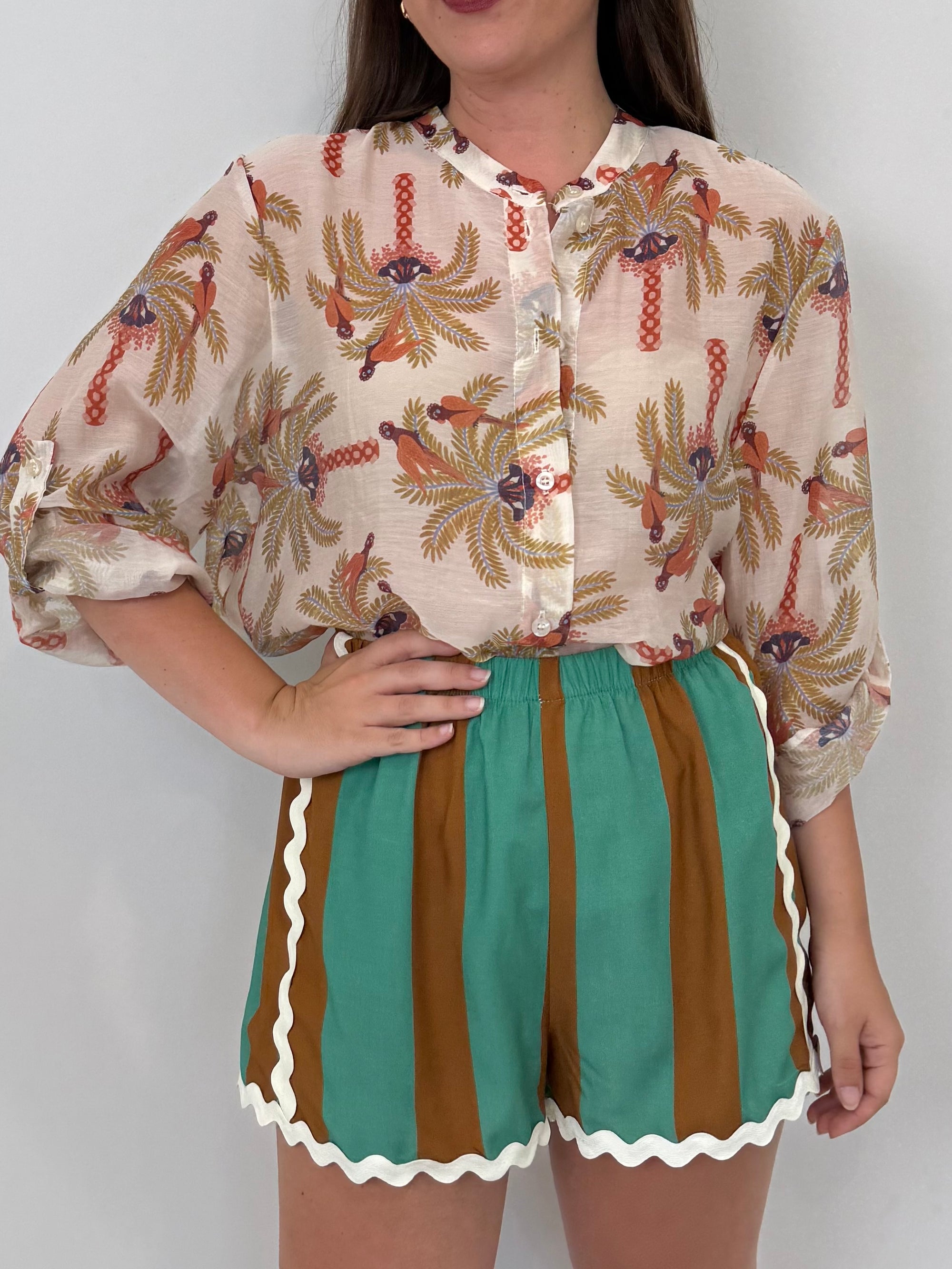 Haveone - Short rigato acquamarina con trinetta