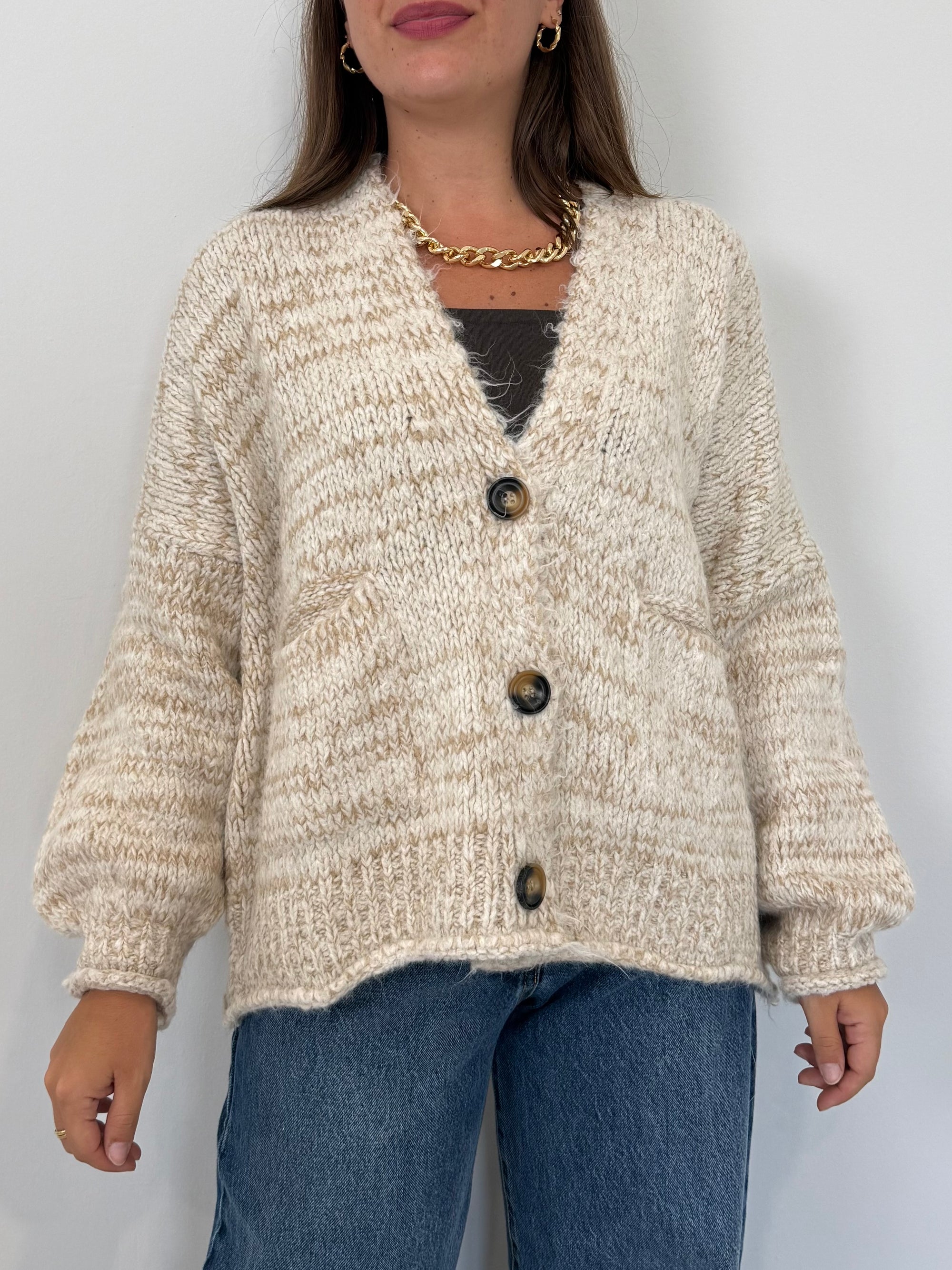 Haveone -Cardigan tre bottoni mélange panna