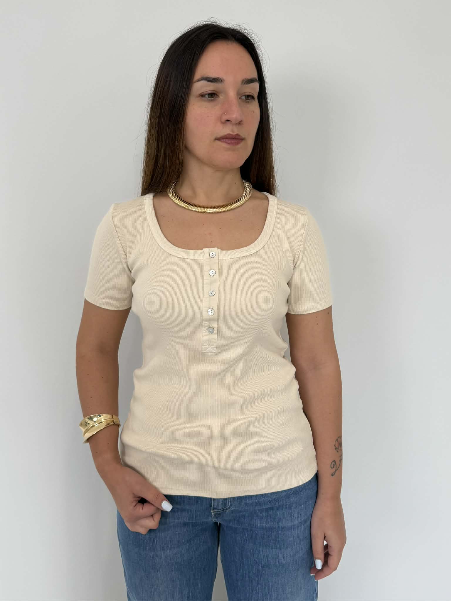 Haveone - Maglia serafino a costine burro