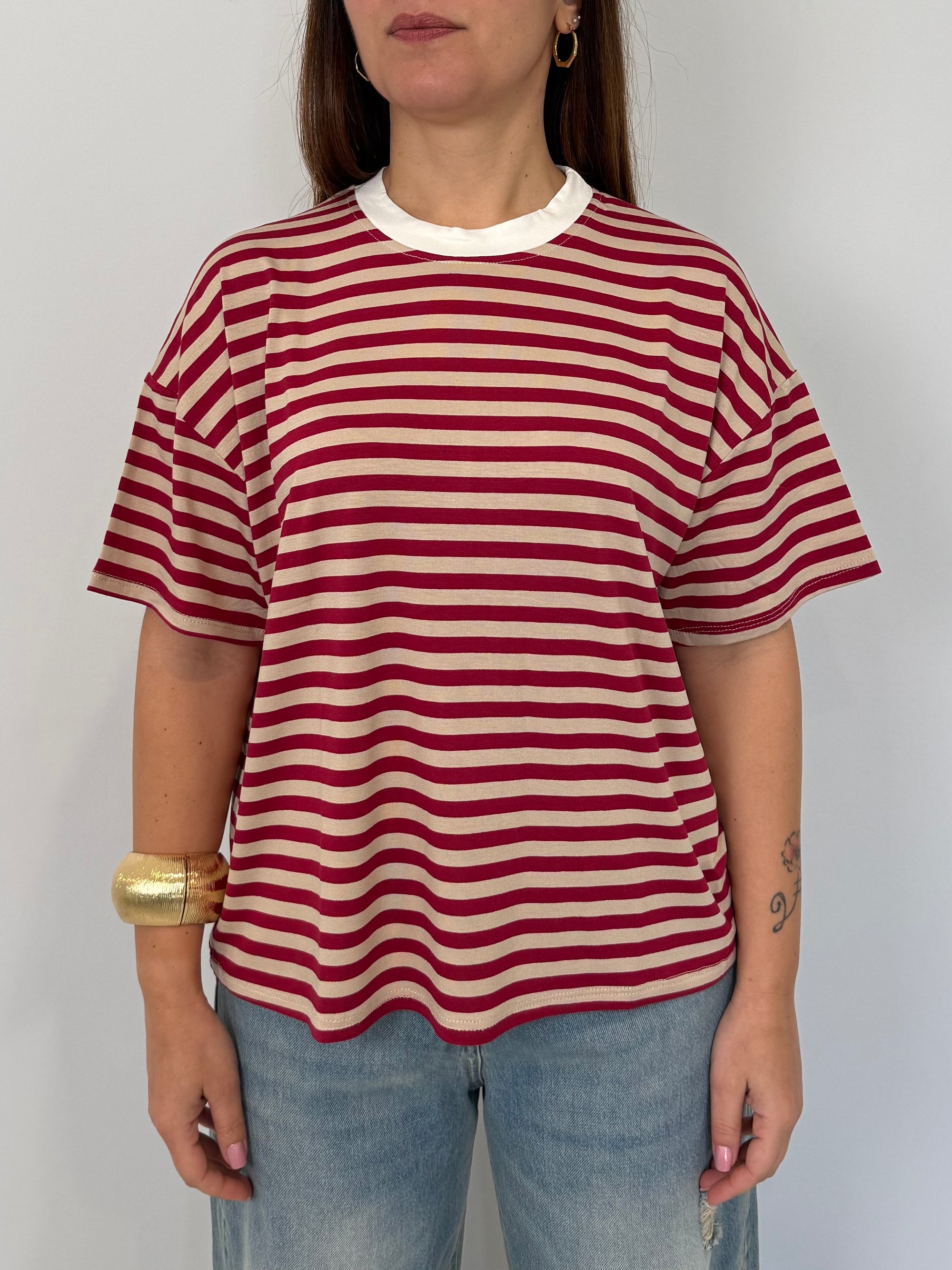 Haveone - Maglia riga bordeaux contrasto bianca