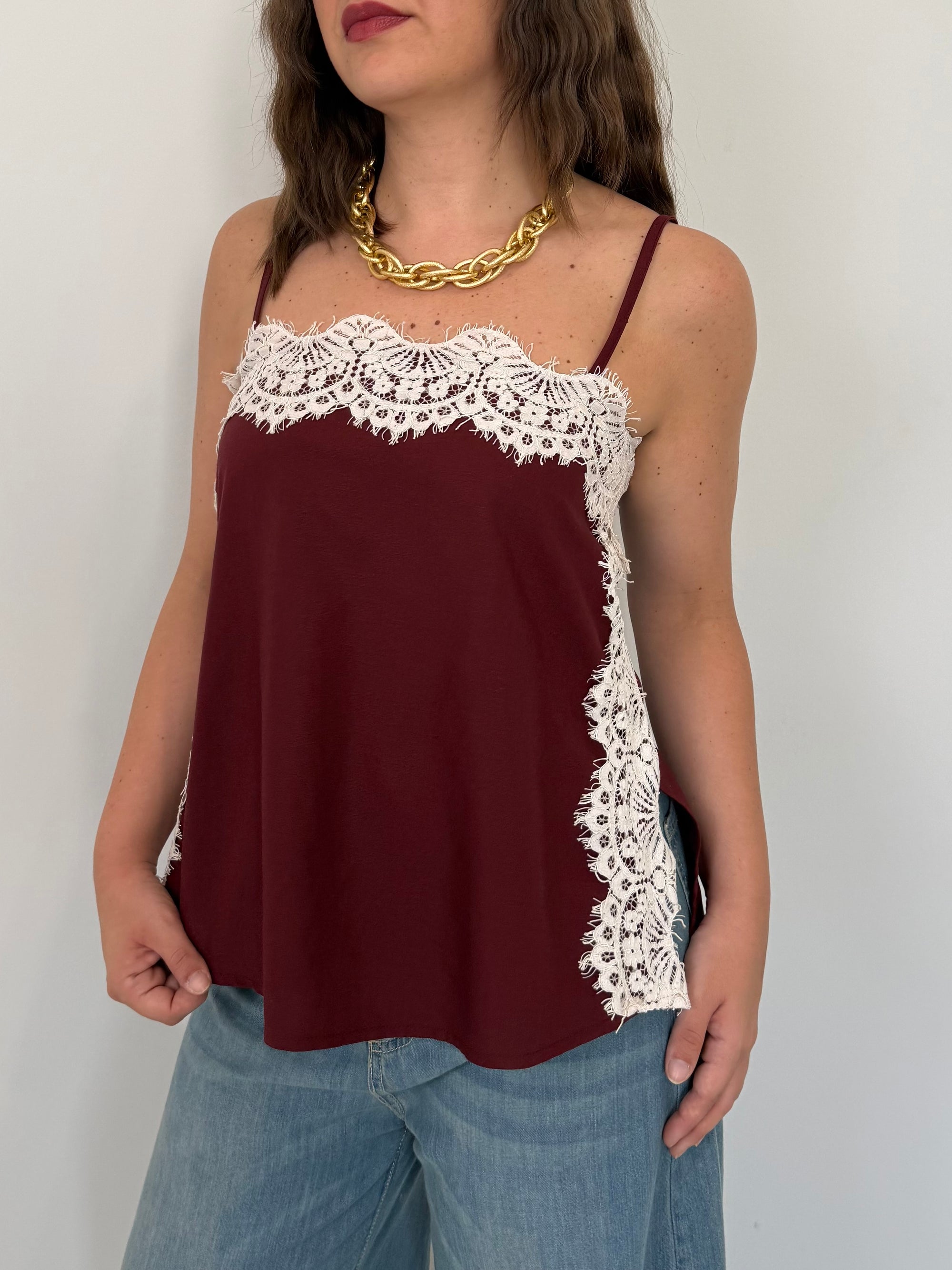 Haveone - Top con pizzo a contrasto india