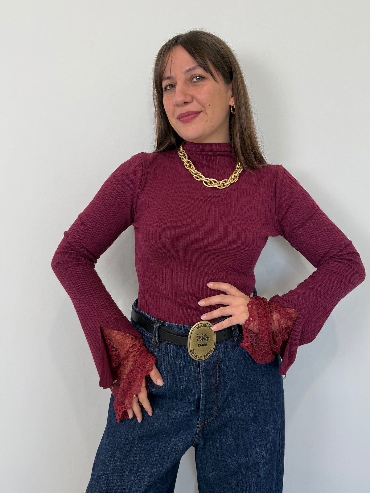 Haveone - Maglia con pizzo nella manica bordeaux
