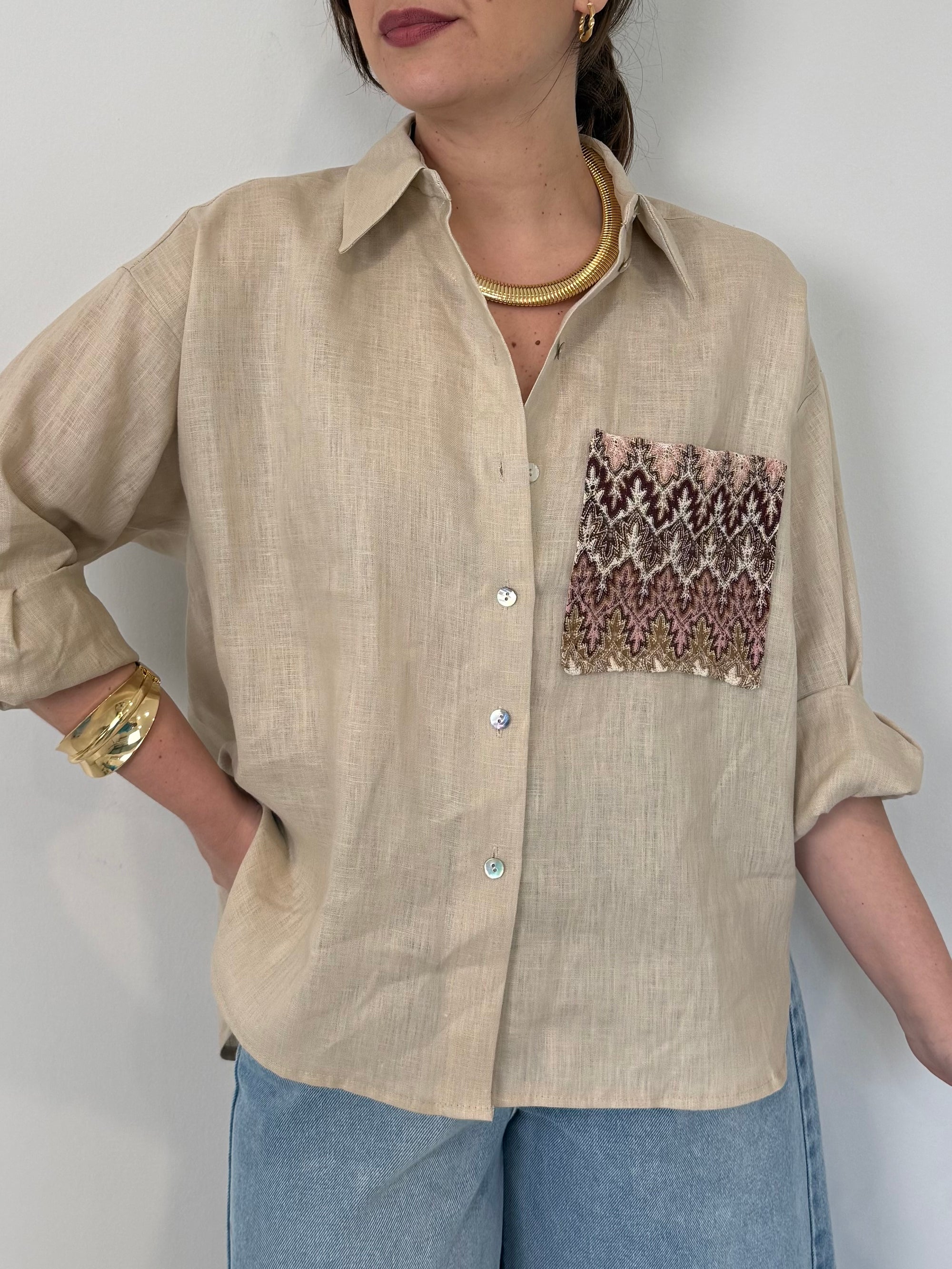 Tensione In - Camicia in lino zigzag sabbia