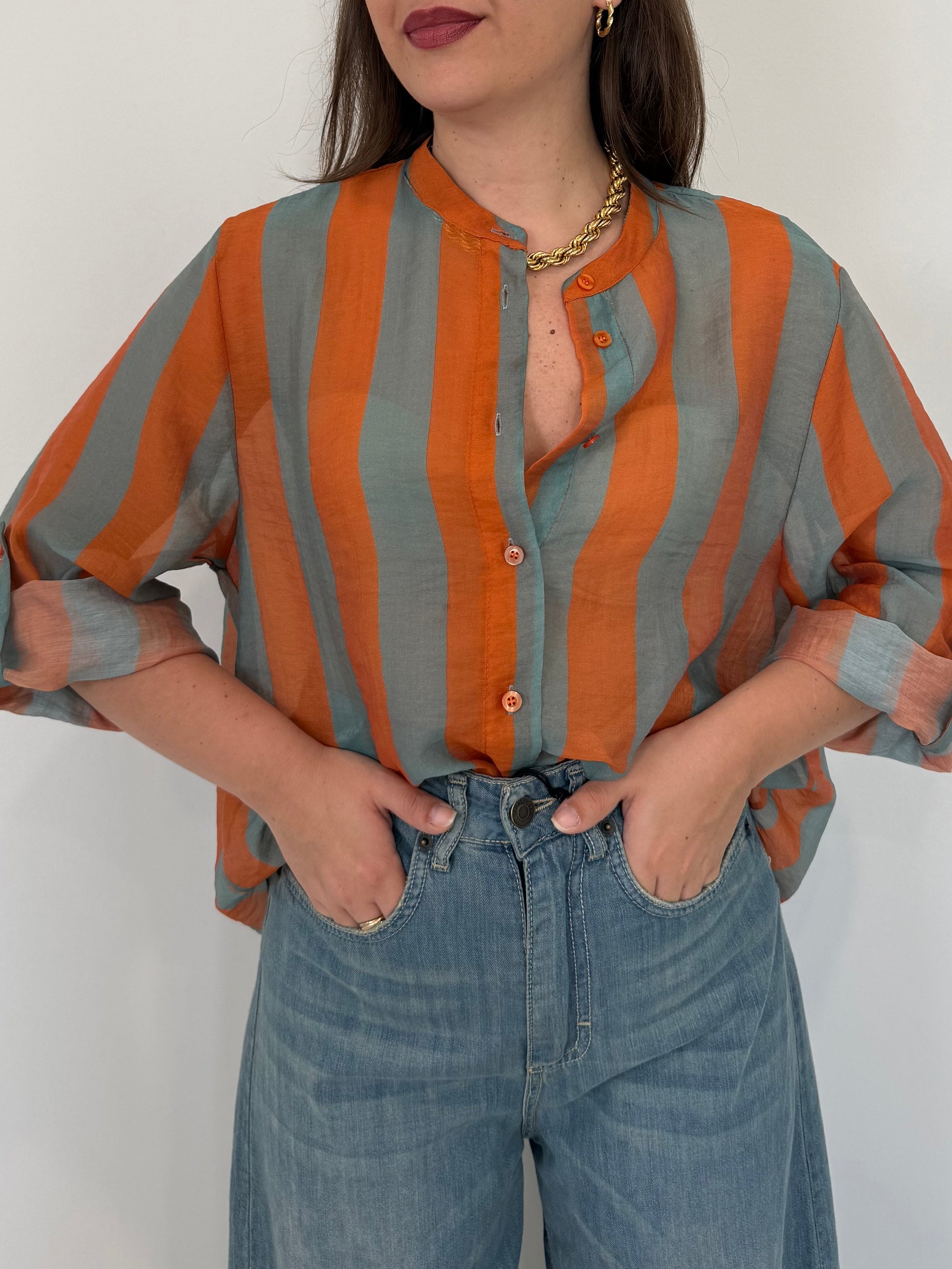 Haveone - Camicia righe larghe arancio/celeste