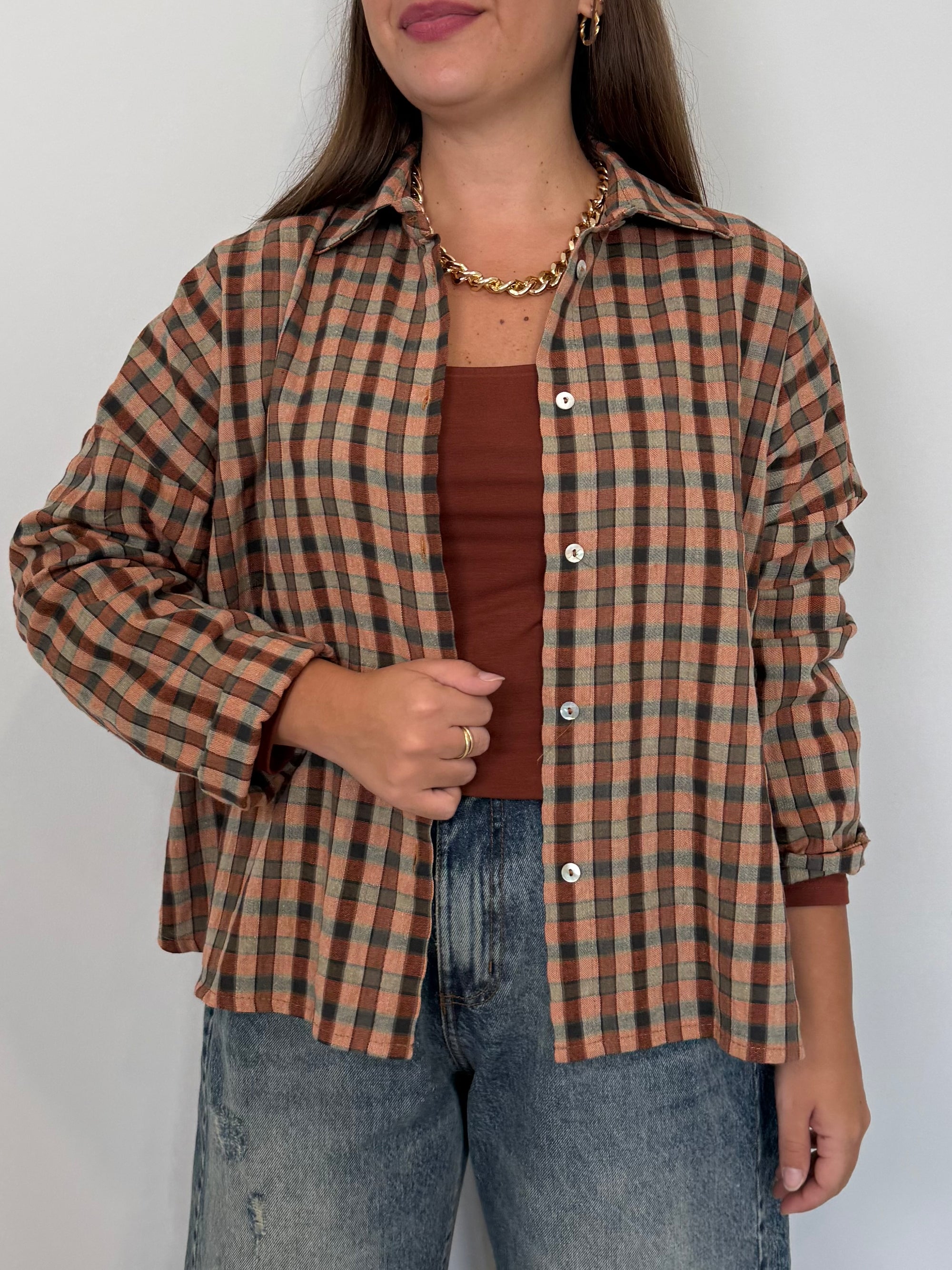 Haveone - Camicia goffrata check mattone