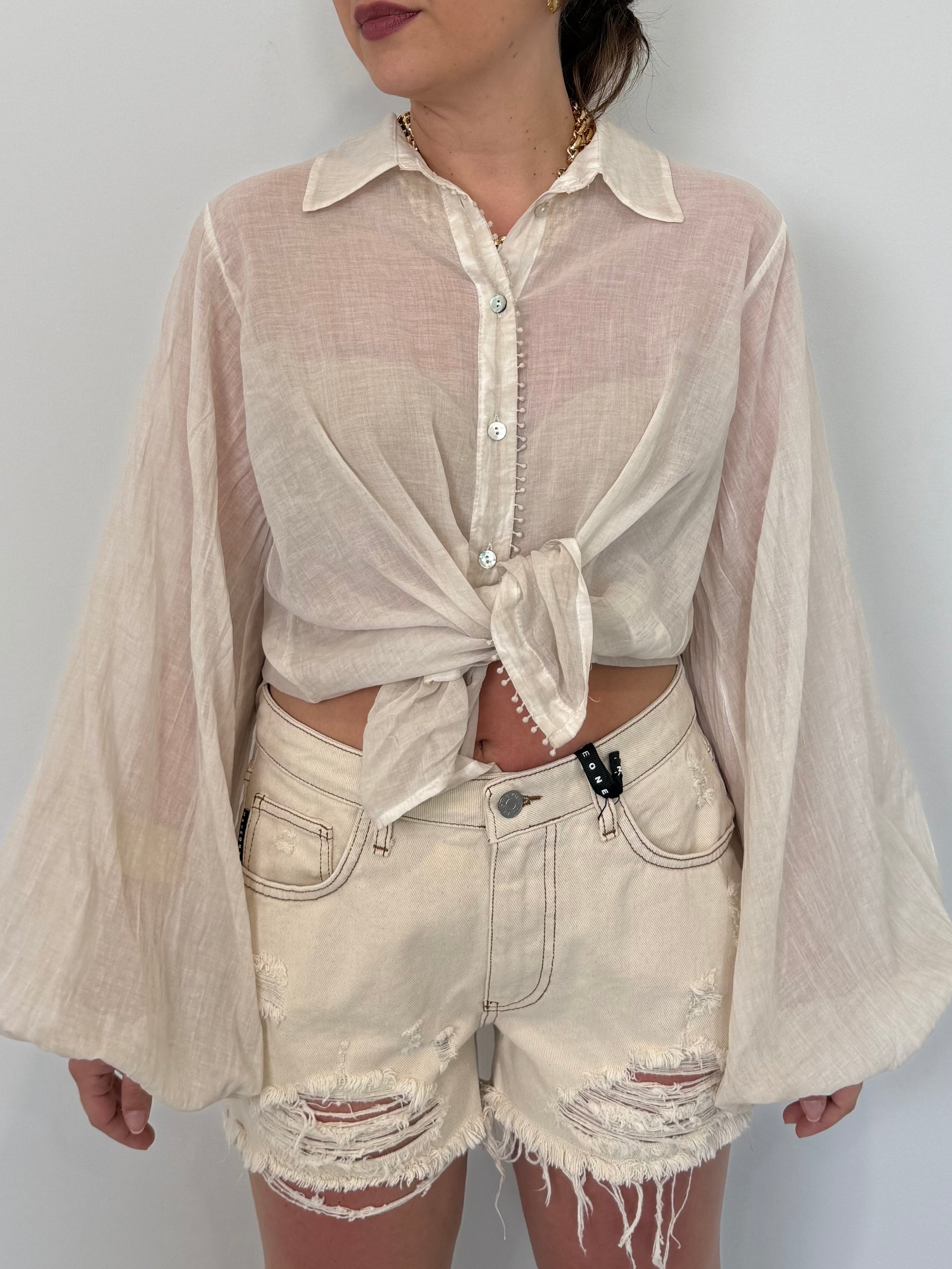 Haveone - Camicia in mussola con trina beige