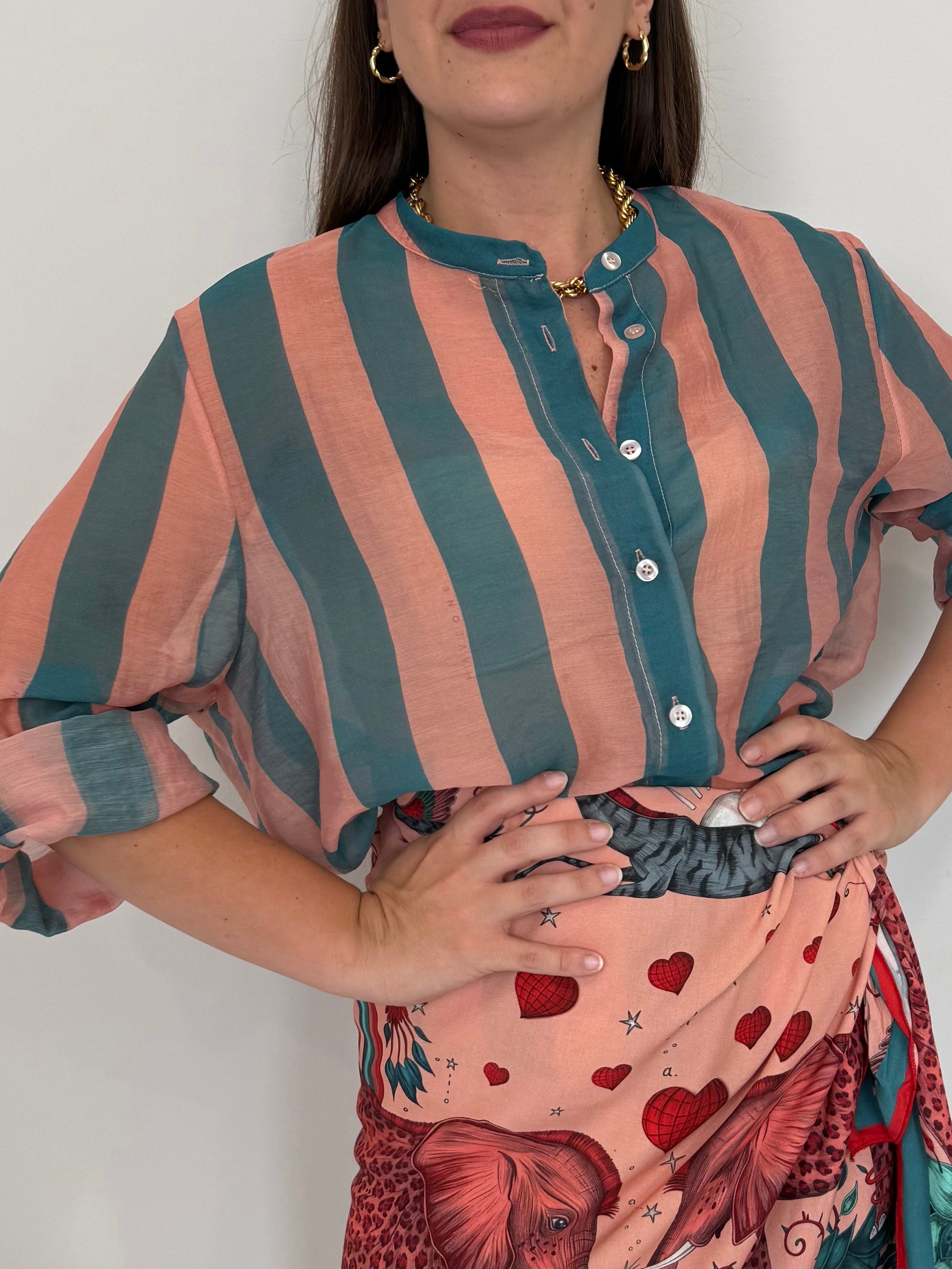 Haveone - Camicia righe larghe rosa ottanio