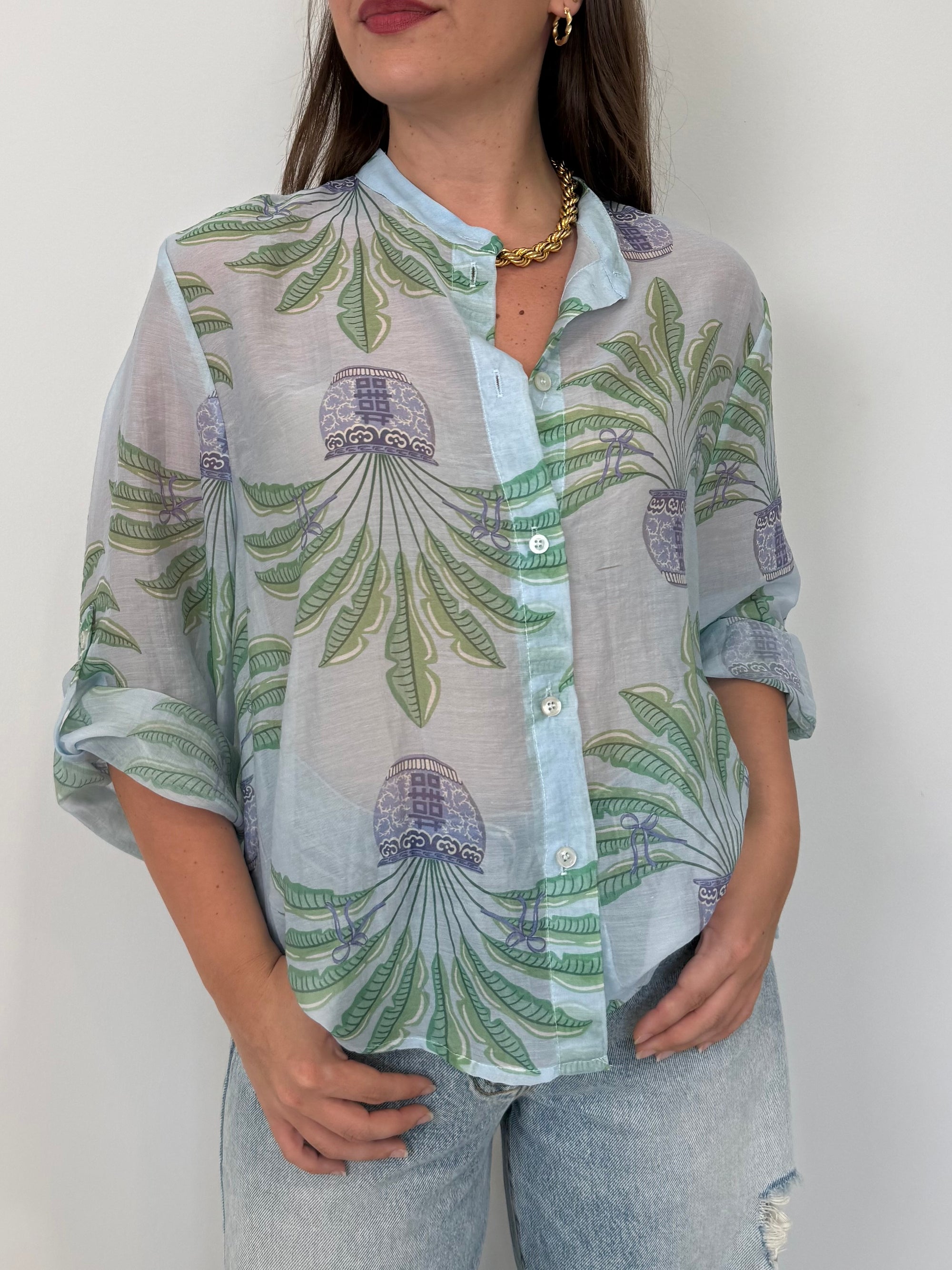 Haveone - Camicia con palme celeste