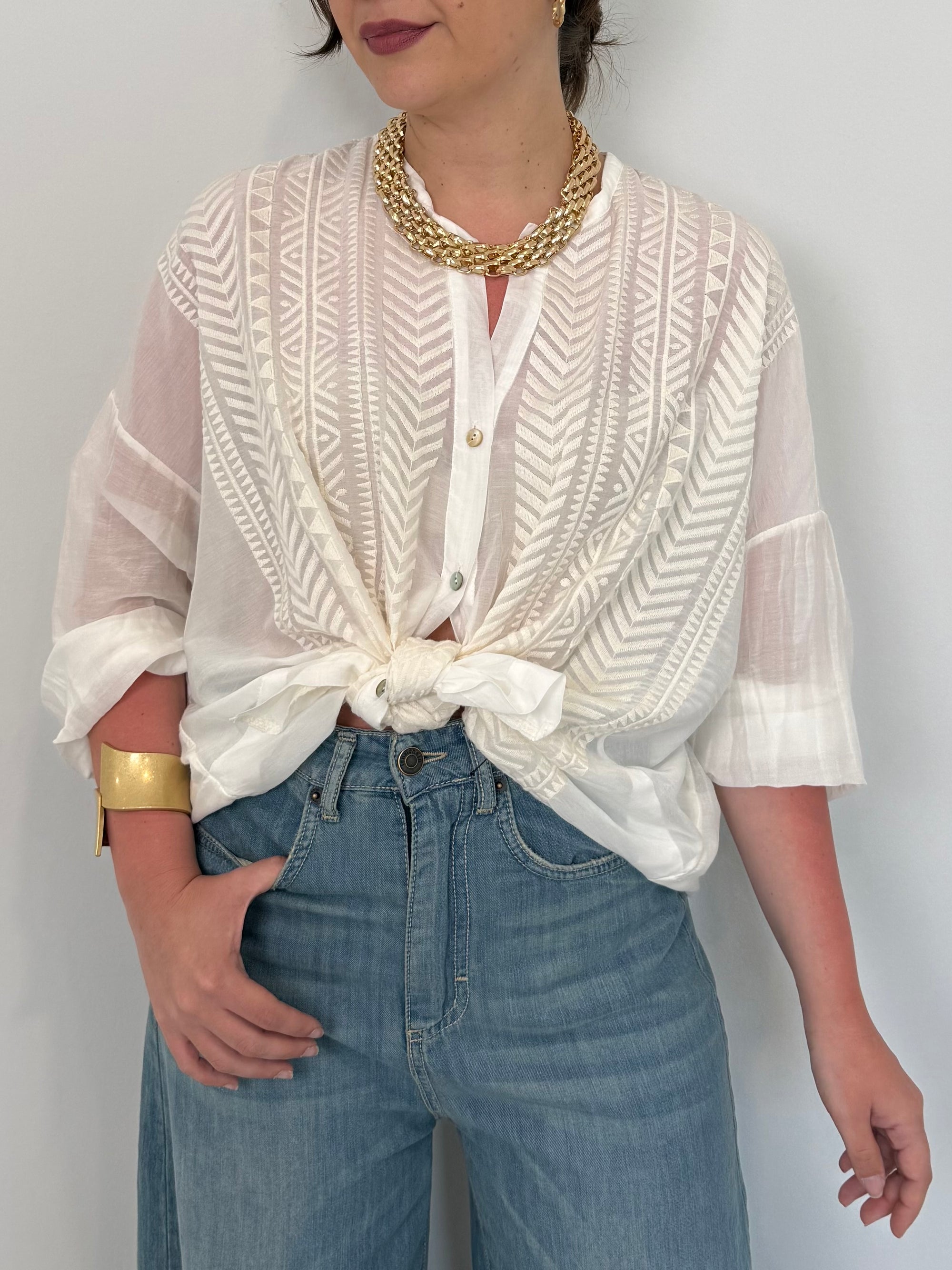 Tensione In - Camicia in seta con ricamo tono su tono