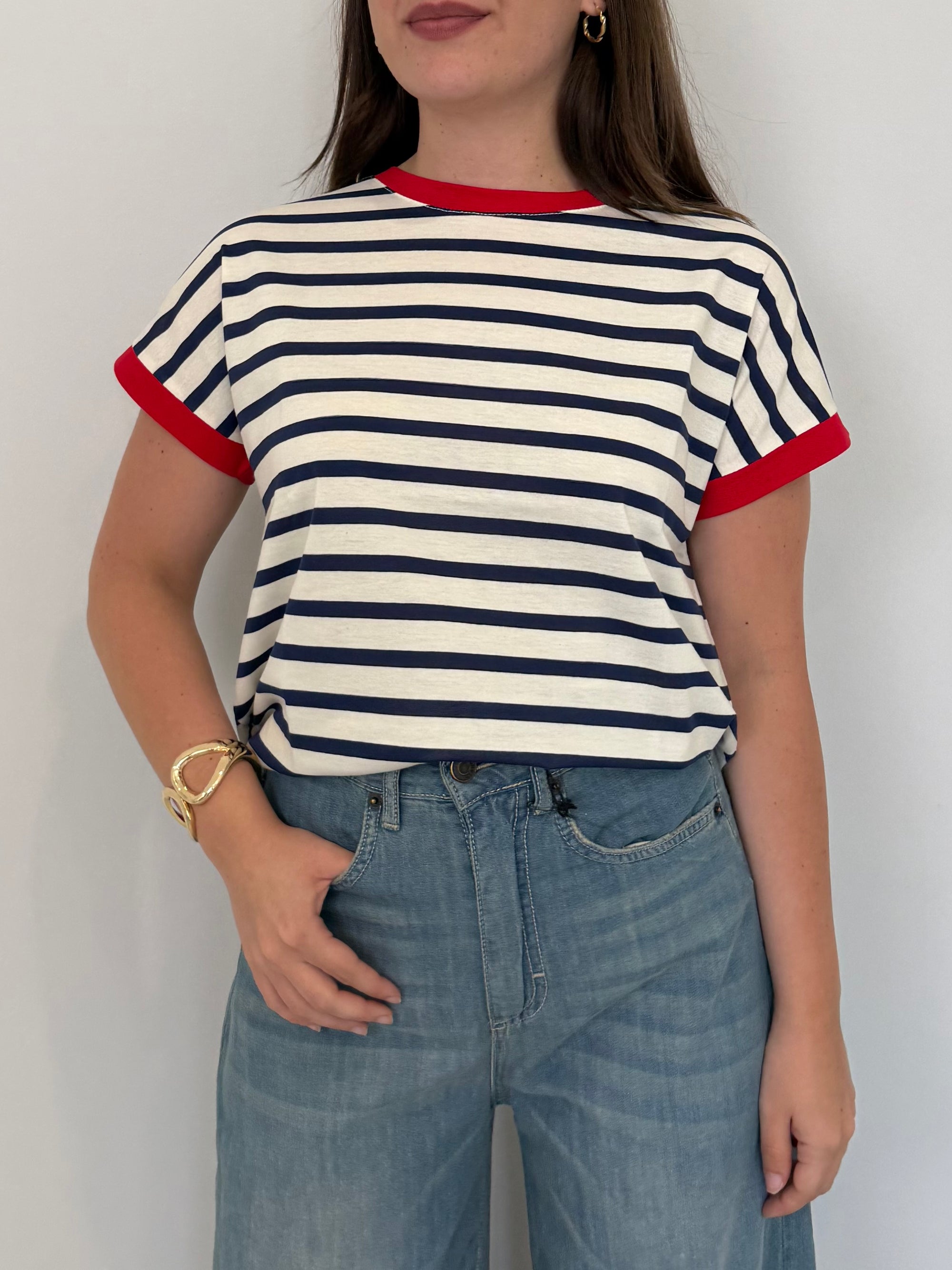 SusyMix - T-shirt righe blu contrasto rosso