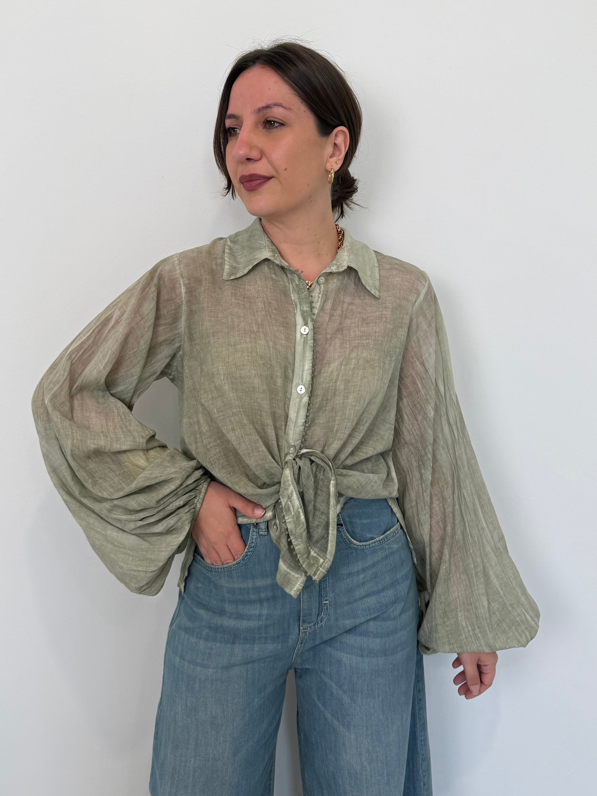 Haveone - Camicia in mussola con trina verde