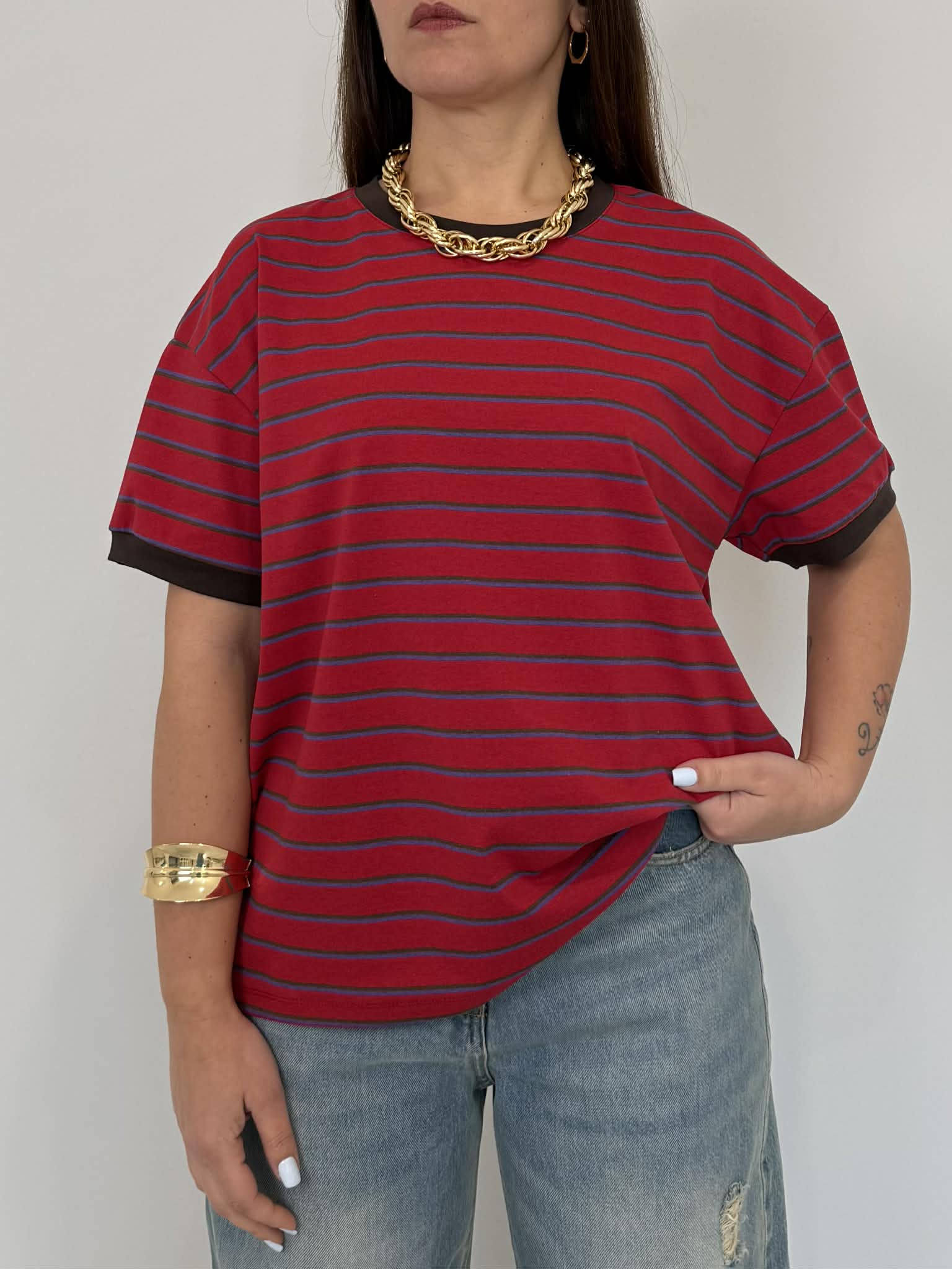 Tensione In - T-shirt righe rosso viola