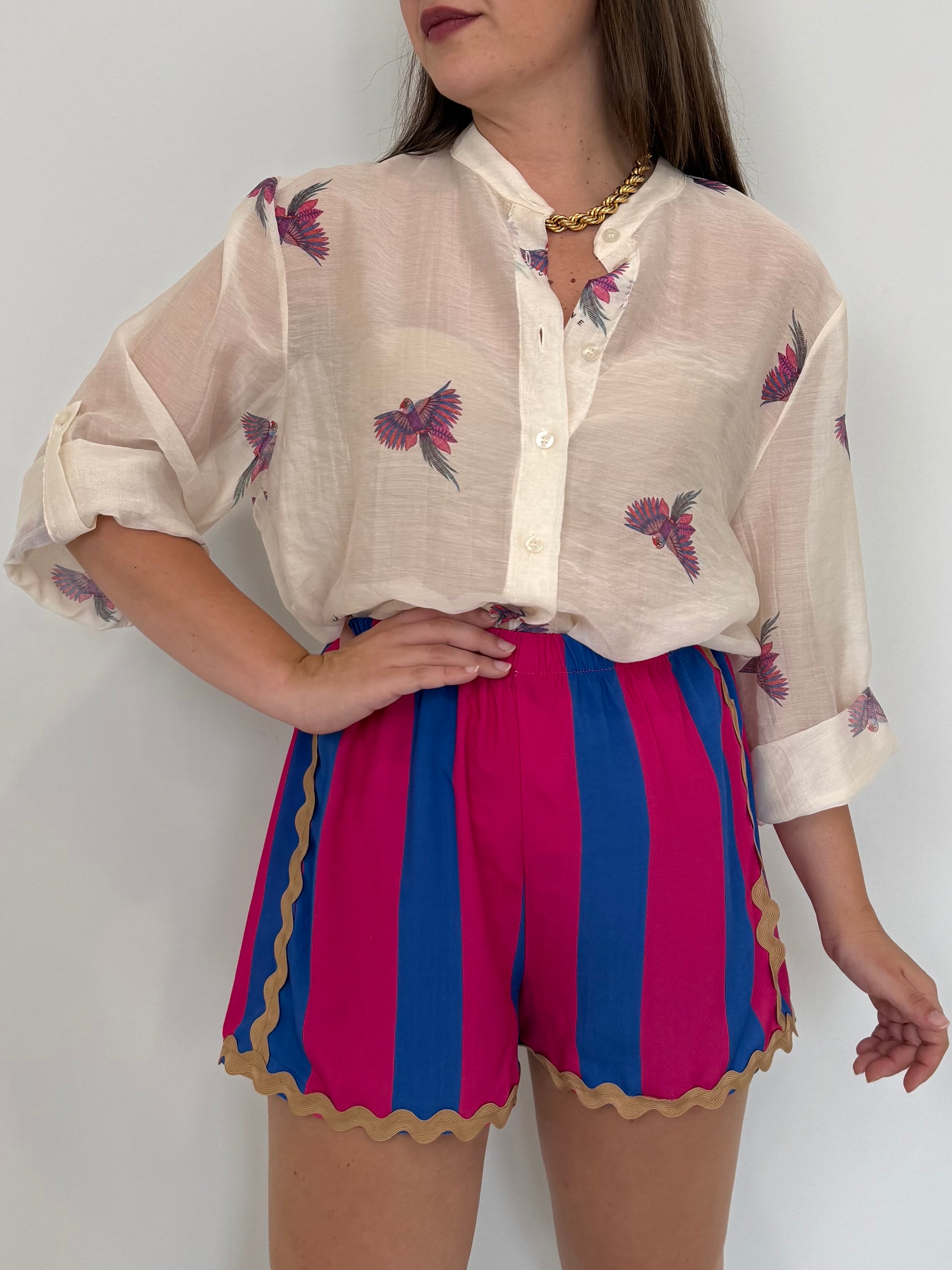 Haveone - Short rigato blu e fuxia con trinetta