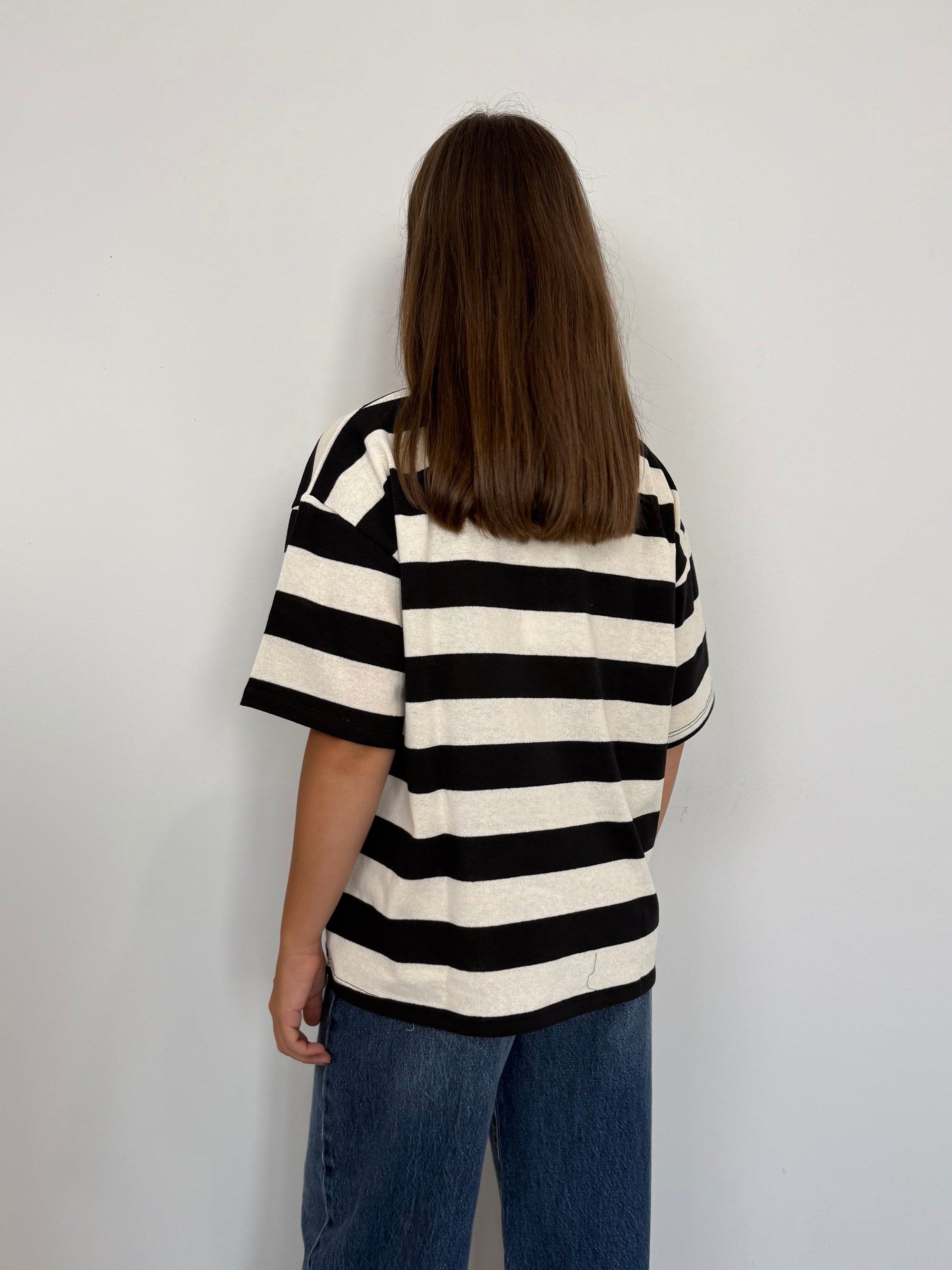 SusyMix - Maglia righe bianca nera con tasca paillettes