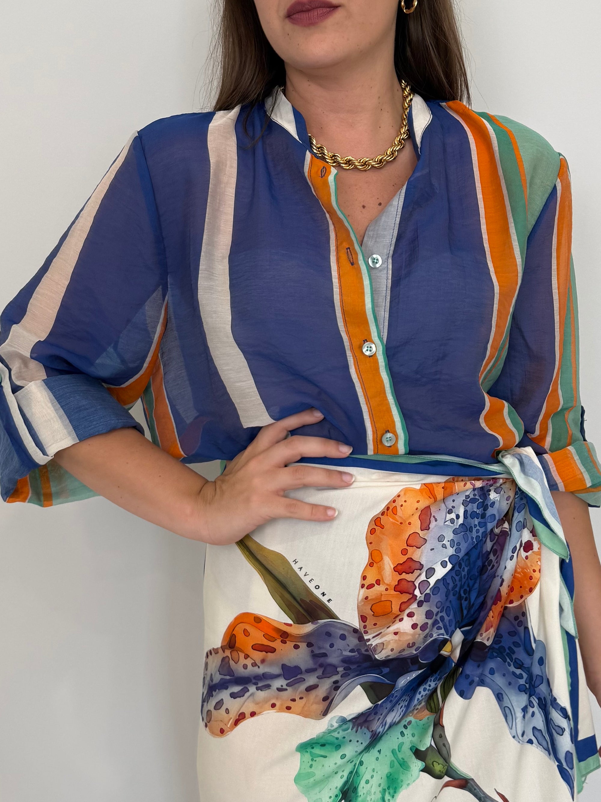 Haveone - Camicia righe asimmetriche blu