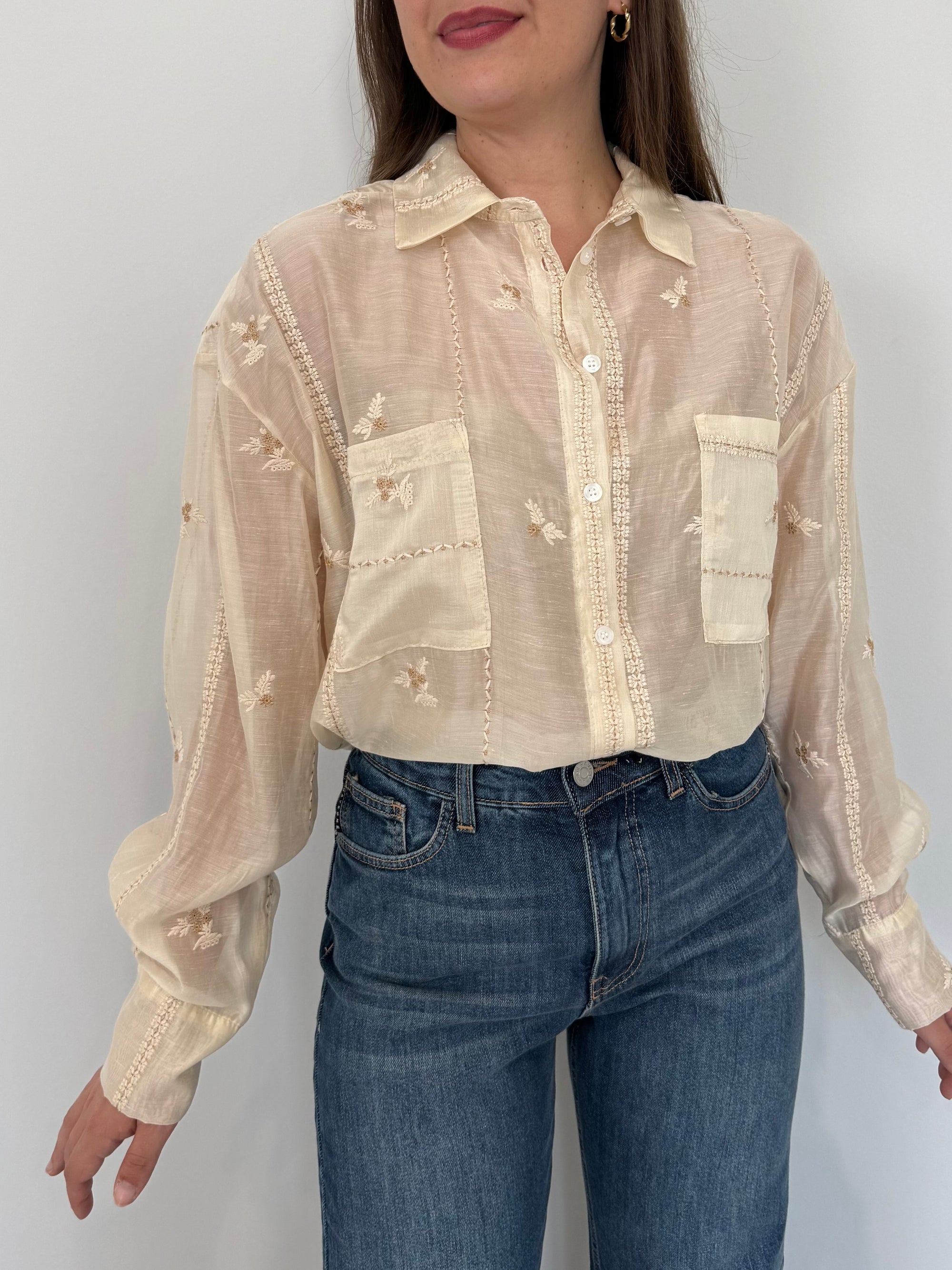 Haveone - Camicia fiori ricamati beige