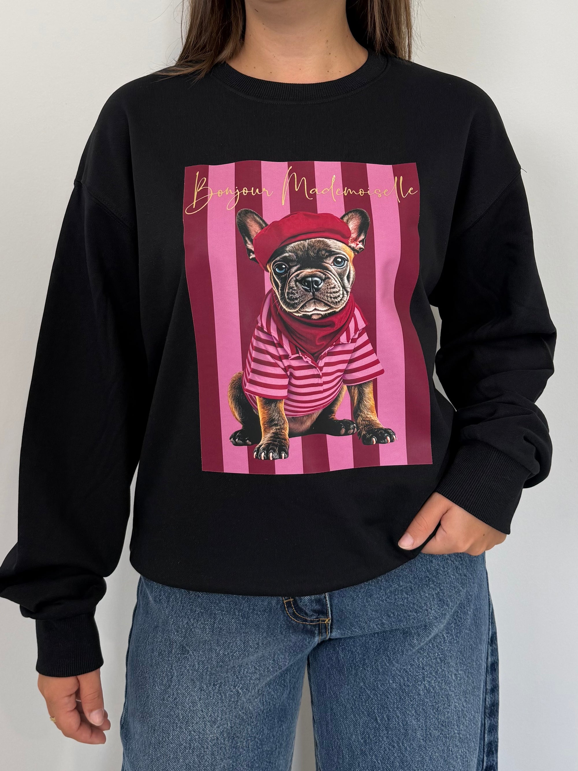 Civico23 - Felpa nera con bulldog e riga fuxia