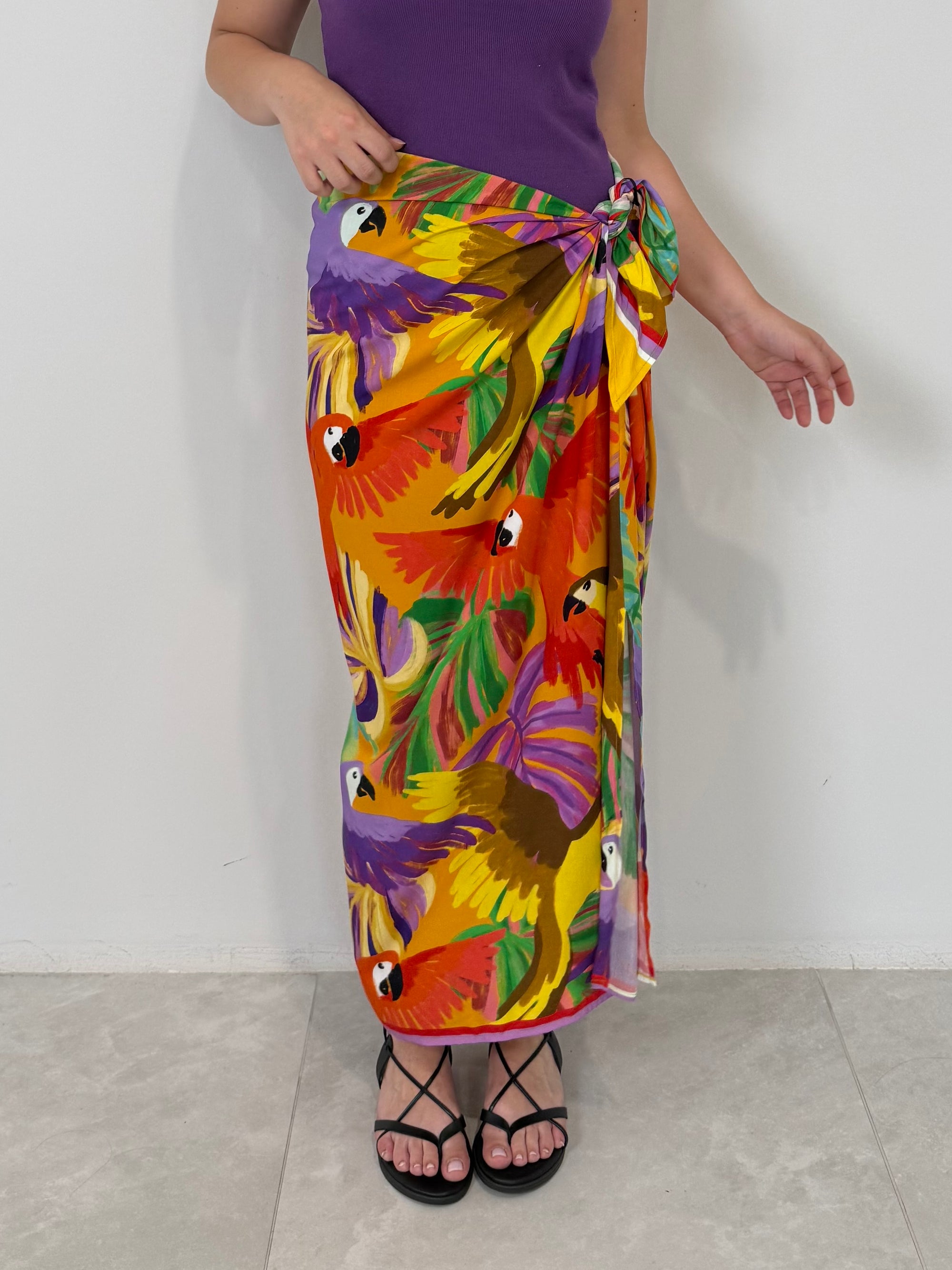Tensione In - Gonna pareo lunga pappagalli multicolor