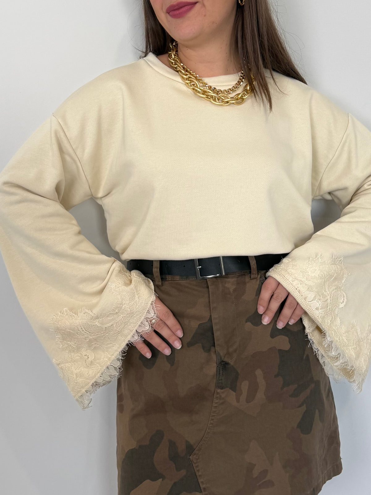 Haveone - Felpa con manica in pizzo burro