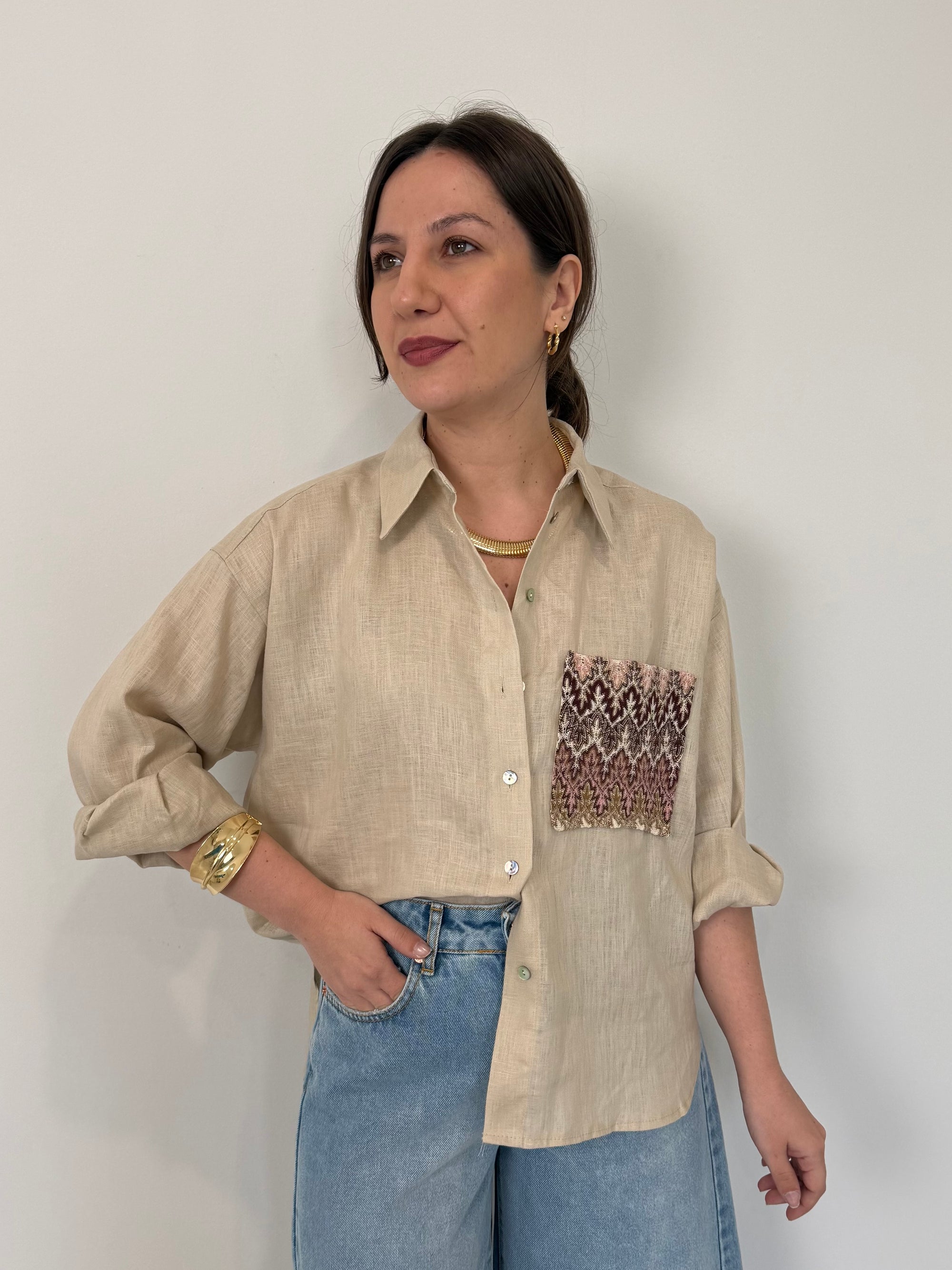 Tensione In - Camicia in lino zigzag sabbia