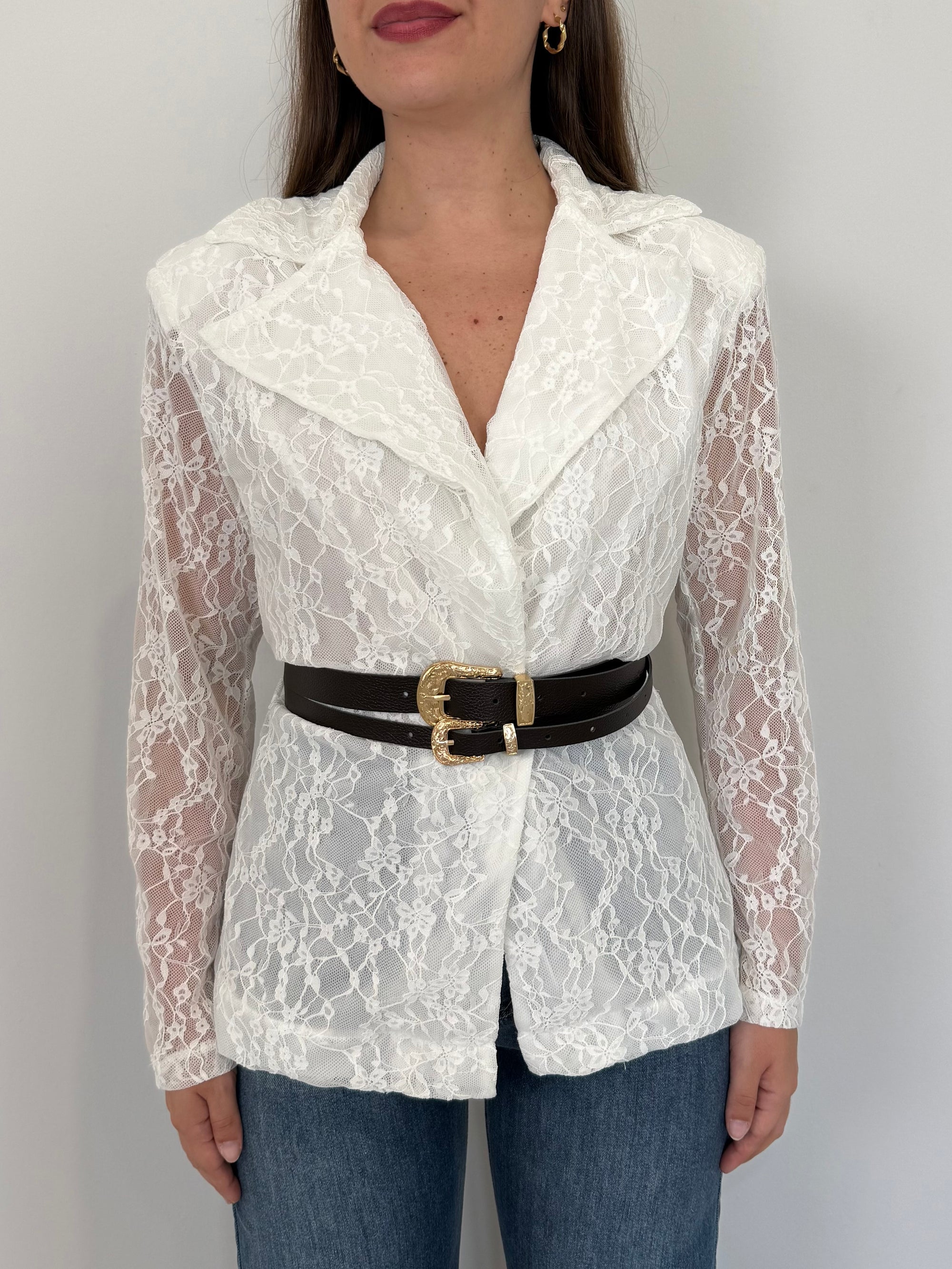 Haveone - Giacca in pizzo con cinture bianca