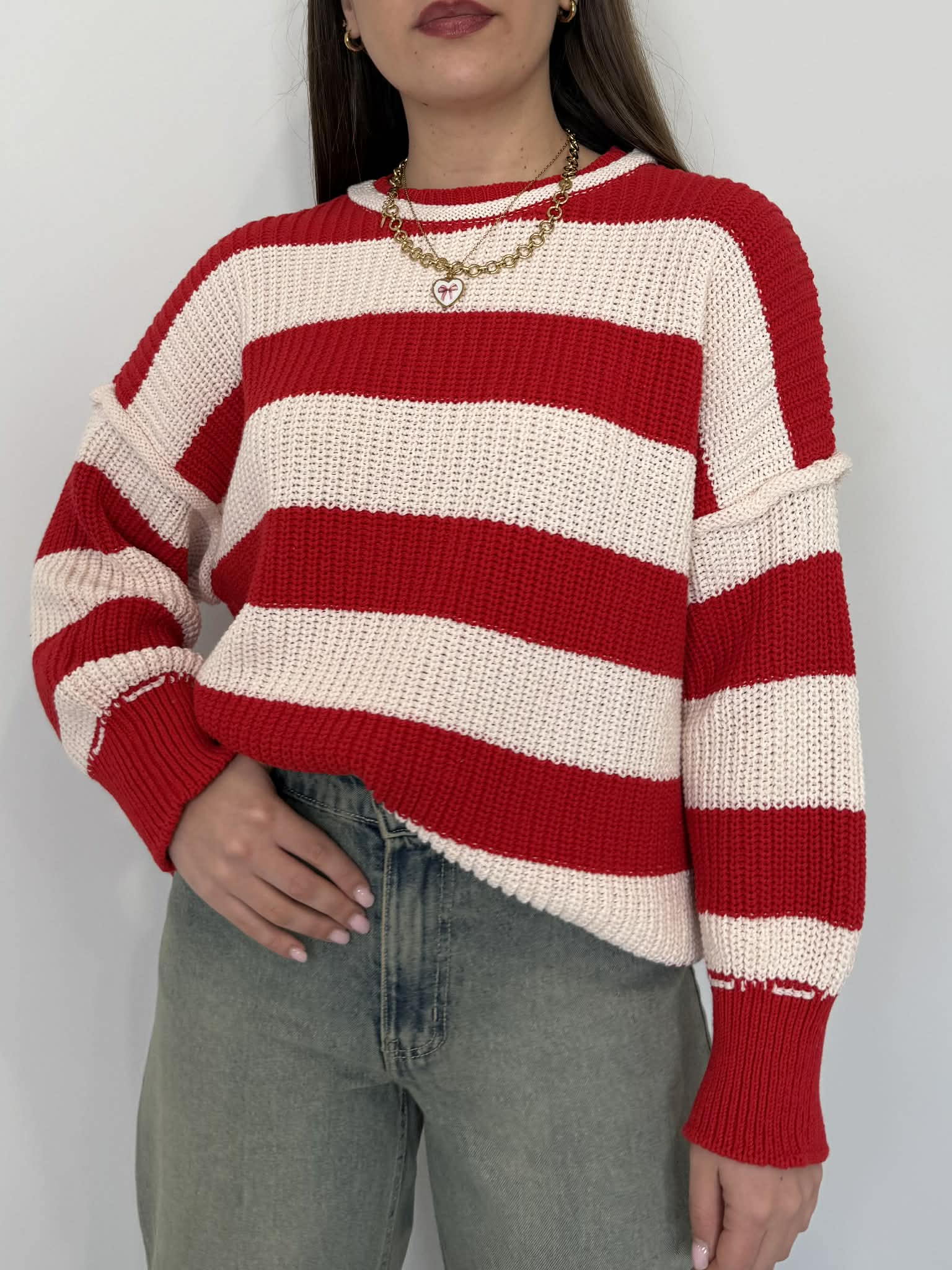 Haveone - Maglioncino rigato panna/rosso