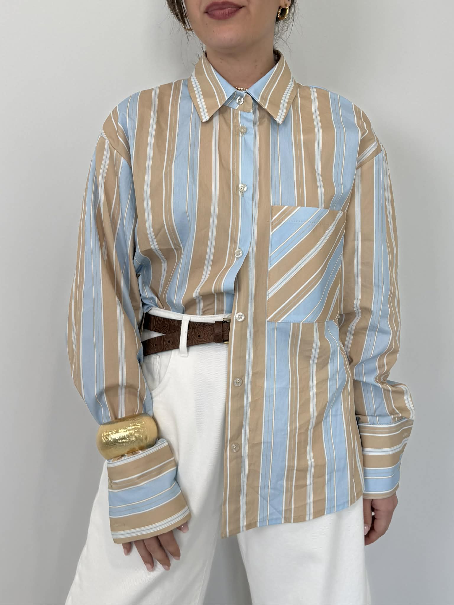 Haveone - Camicia rigata celeste/camel