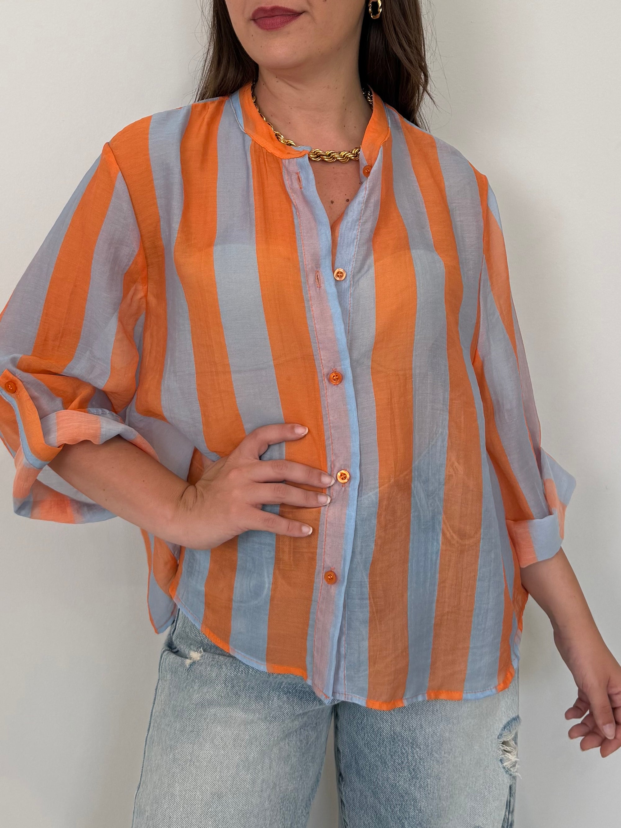 Haveone - Camicia righe larghe arancio/celeste